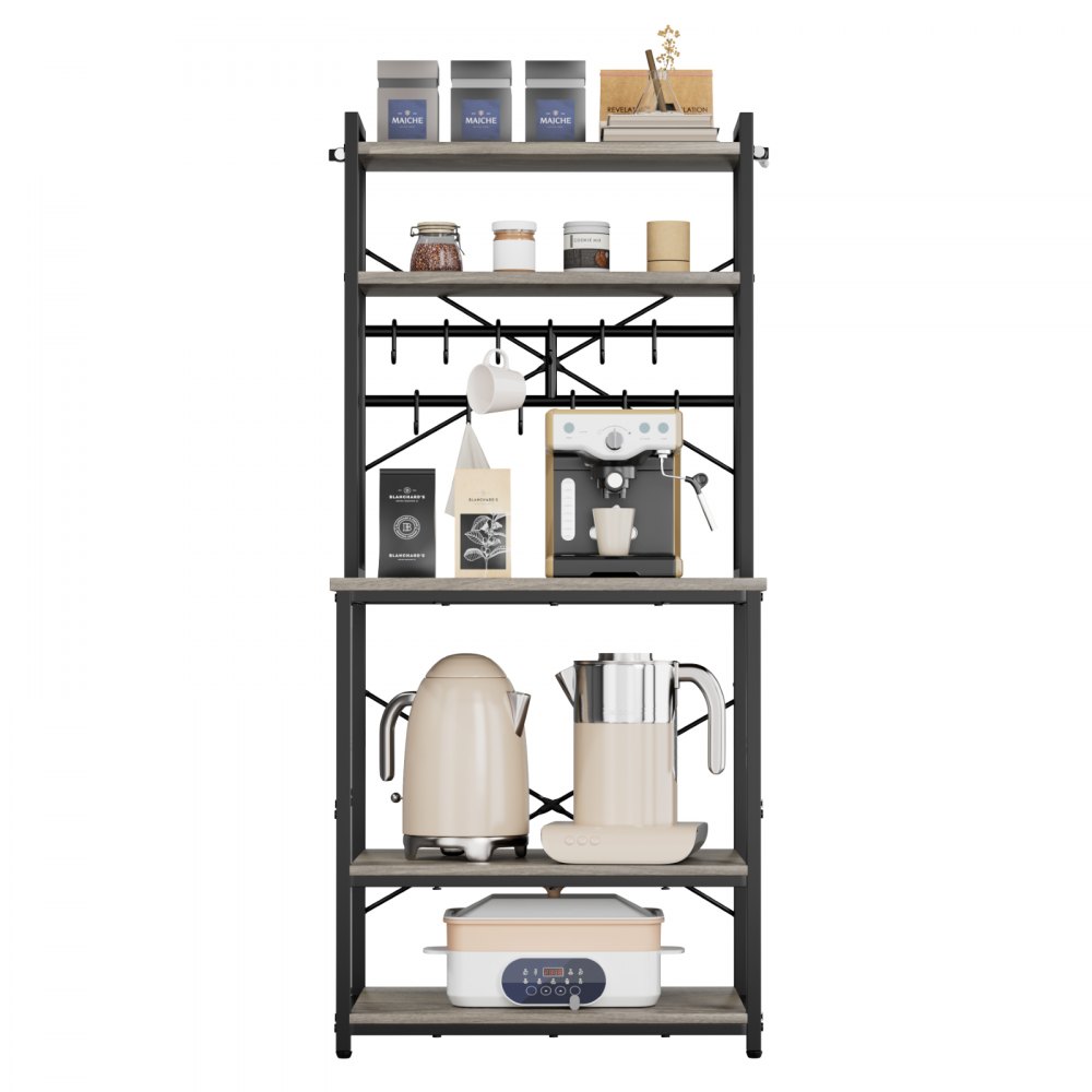 VEVOR Kitchen Bakers Rack, 600 mm Width Bakers Rack, Kitchen Stand with X-Shaped Support Bar, 12 S-Shaped Hooks, Double-Layer Top Shelf, Coffee Bar Stand for Dishes & Bowls, Spice Bottles