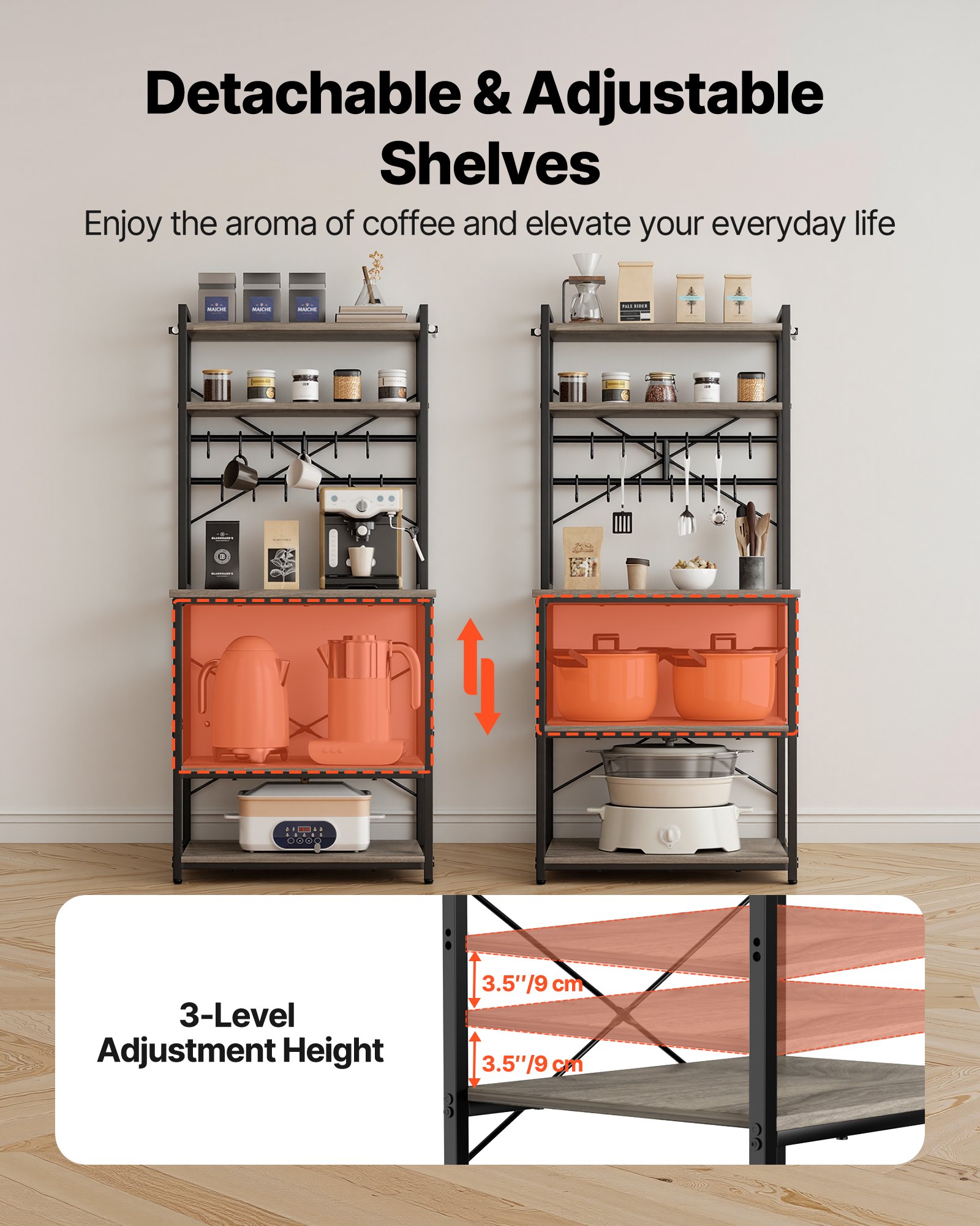 VEVOR Kitchen Bakers Rack, 600 mm Width Bakers Rack, Kitchen Stand with X-Shaped Support Bar, 12 S-Shaped Hooks, Double-Layer Top Shelf, Coffee Bar Stand for Dishes & Bowls, Spice Bottles