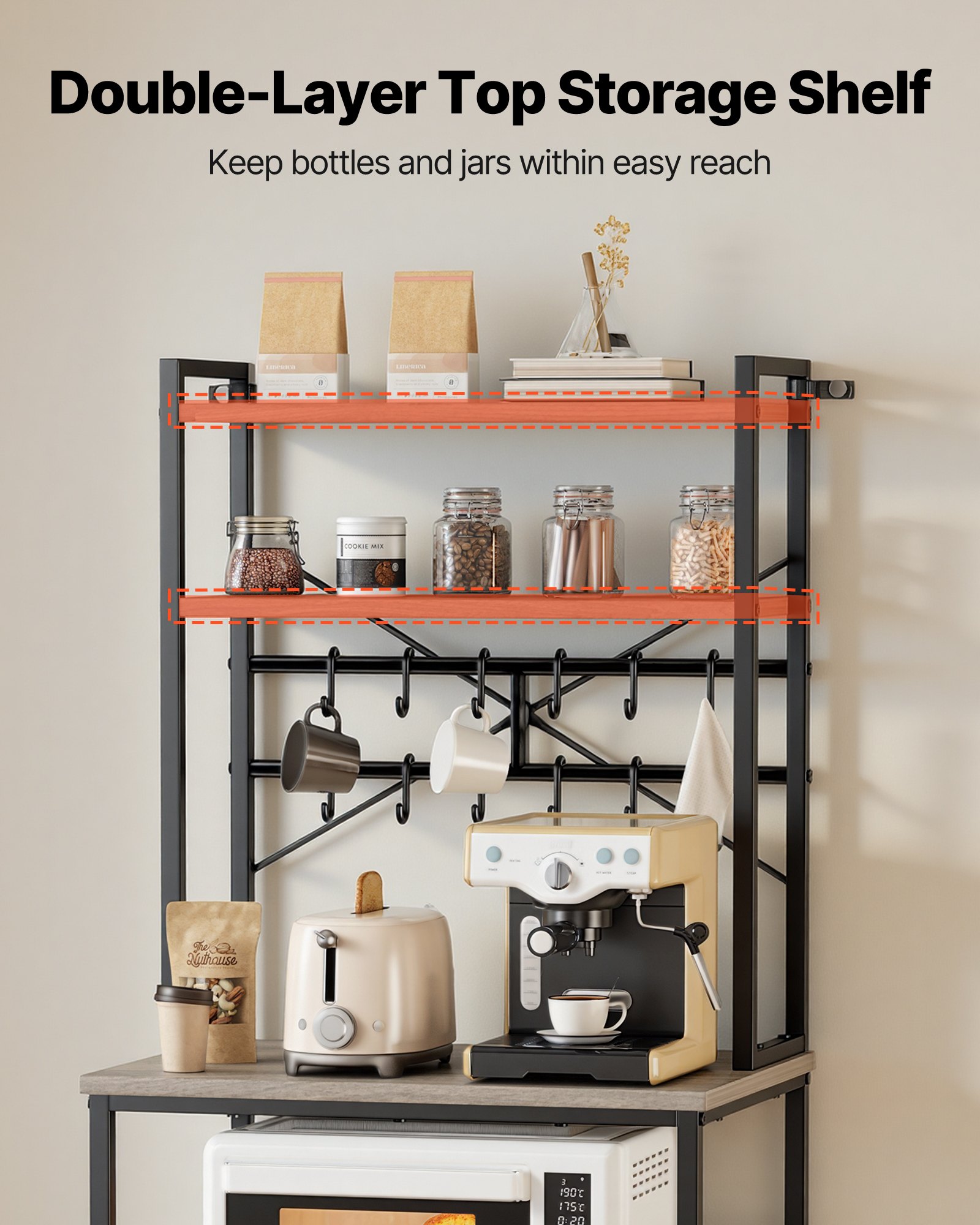 VEVOR Kitchen Bakers Rack, 600 mm Width Bakers Rack, Kitchen Stand with X-Shaped Support Bar, 12 S-Shaped Hooks, Double-Layer Top Shelf, Coffee Bar Stand for Dishes & Bowls, Spice Bottles