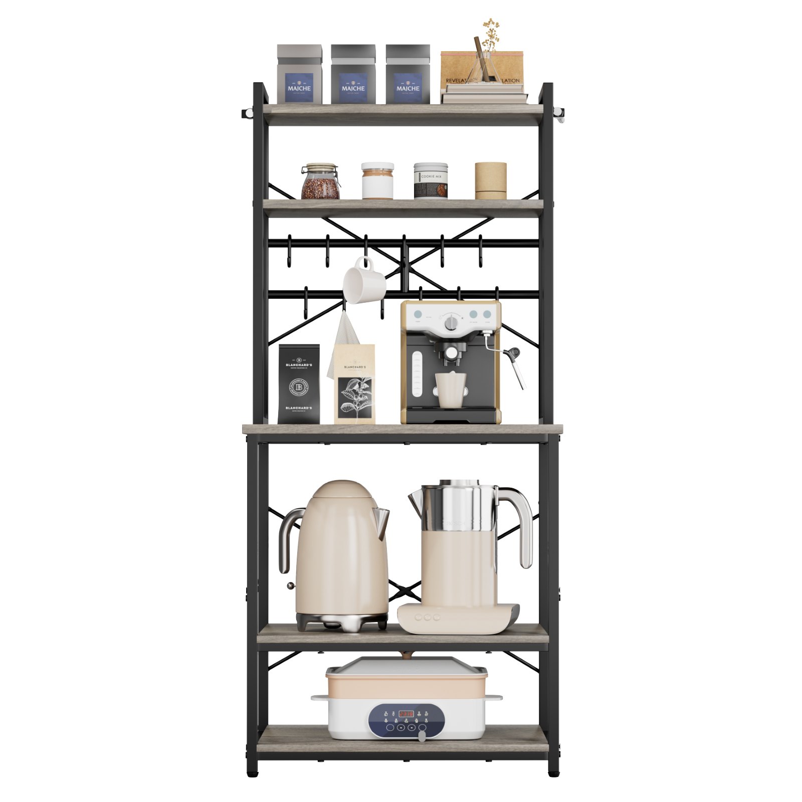 VEVOR Kitchen Bakers Rack, 600 mm Width Bakers Rack, Kitchen Stand with X-Shaped Support Bar, 12 S-Shaped Hooks, Double-Layer Top Shelf, Coffee Bar Stand for Dishes & Bowls, Spice Bottles