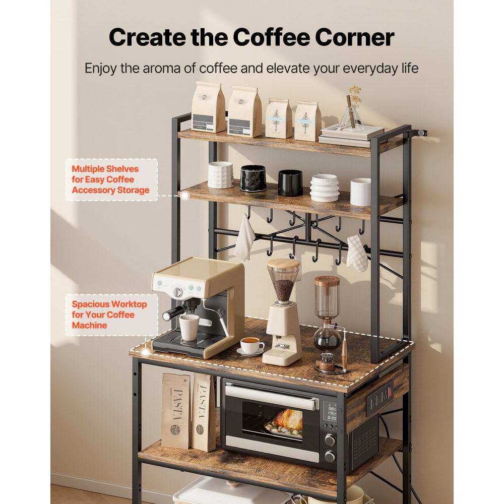 VEVOR Kitchen Bakers Rack, 1.5m Power Cable Bakers Rack with Power Outlet, Kitchen Stand with X-Shaped Support Bar, 12 S-Shaped Hooks, Coffee Bar Stand for Dishes, Spice Bottles, Built-In Power Strip