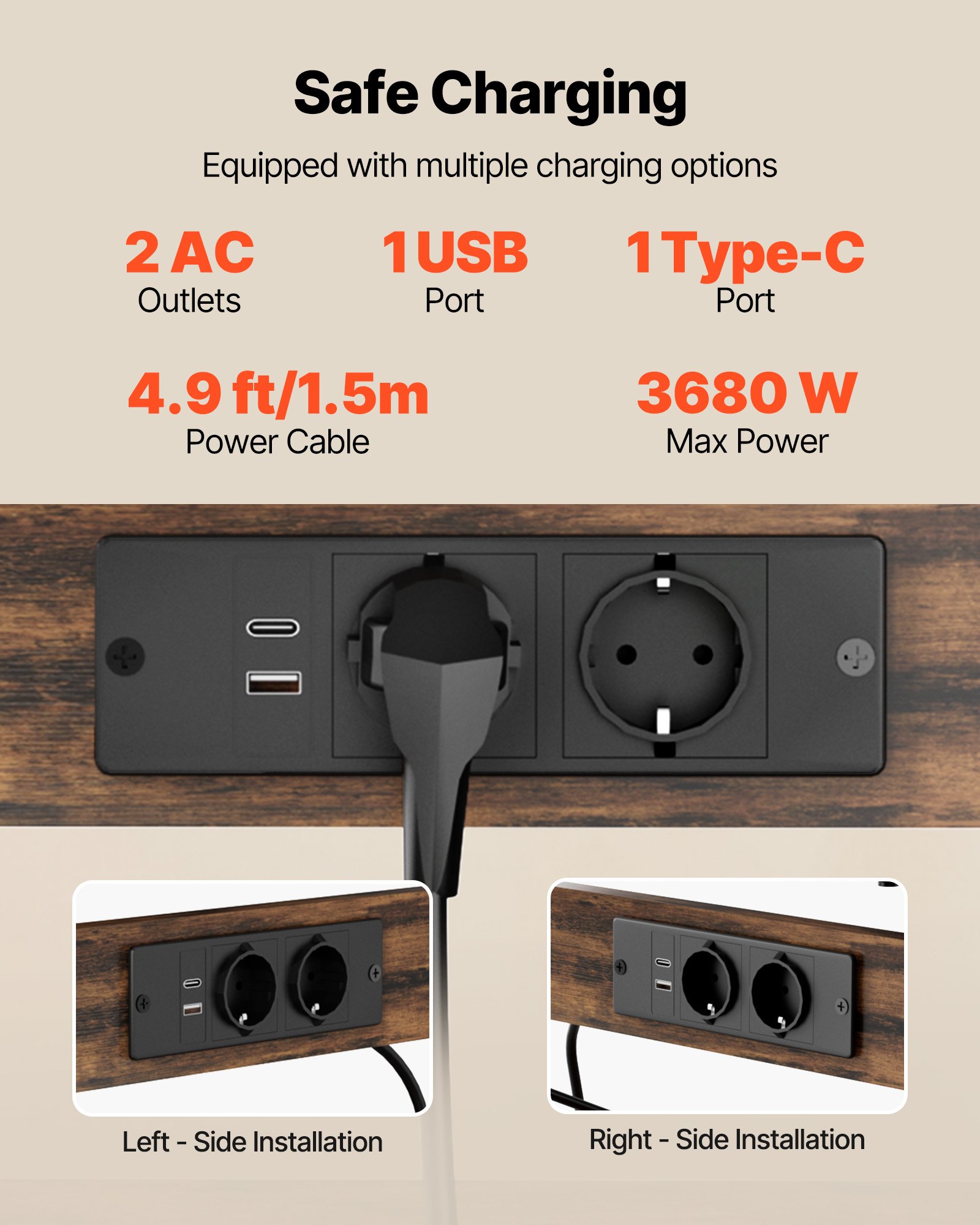 VEVOR Kitchen Bakers Rack, 1.5m Power Cable Bakers Rack with Power Outlet, Kitchen Stand with X-Shaped Support Bar, 12 S-Shaped Hooks, Coffee Bar Stand for Dishes, Spice Bottles, Built-In Power Strip