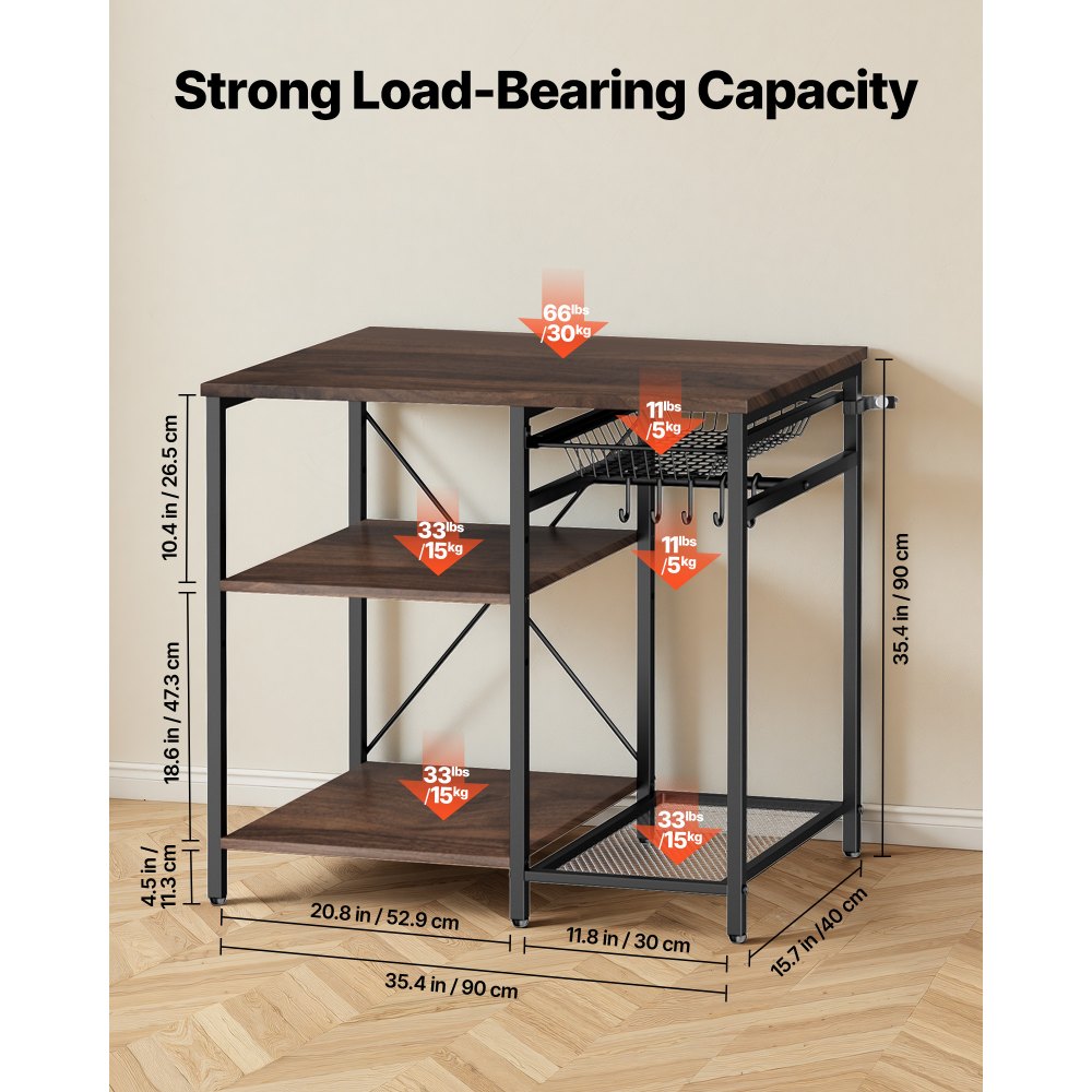 VEVOR Kitchen Bakers Rack, 900 mm Width Bakers Rack, Kitchen Stand with X-Shaped Support Bar, 5 S-Shaped Hooks, Multi-Layer Storage Shelf, Coffee Bar Stand for Dishes & Bowls, Spice Bottles