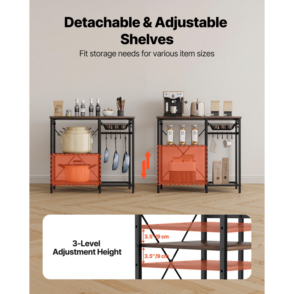 VEVOR Kitchen Bakers Rack, 900 mm Width Bakers Rack, Kitchen Stand with X-Shaped Support Bar, 5 S-Shaped Hooks, Multi-Layer Storage Shelf, Coffee Bar Stand for Dishes & Bowls, Spice Bottles