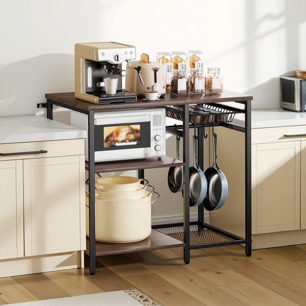 VEVOR Kitchen Bakers Rack, 900 mm Width Bakers Rack, Kitchen Stand with X-Shaped Support Bar, 5 S-Shaped Hooks, Multi-Layer Storage Shelf, Coffee Bar Stand for Dishes & Bowls, Spice Bottles