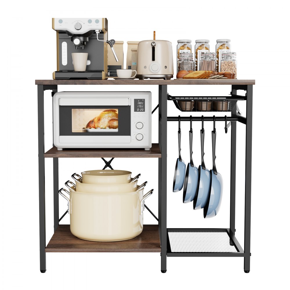 VEVOR Kitchen Bakers Rack, 900 mm Width Bakers Rack, Kitchen Stand with X-Shaped Support Bar, 5 S-Shaped Hooks, Multi-Layer Storage Shelf, Coffee Bar Stand for Dishes & Bowls, Spice Bottles