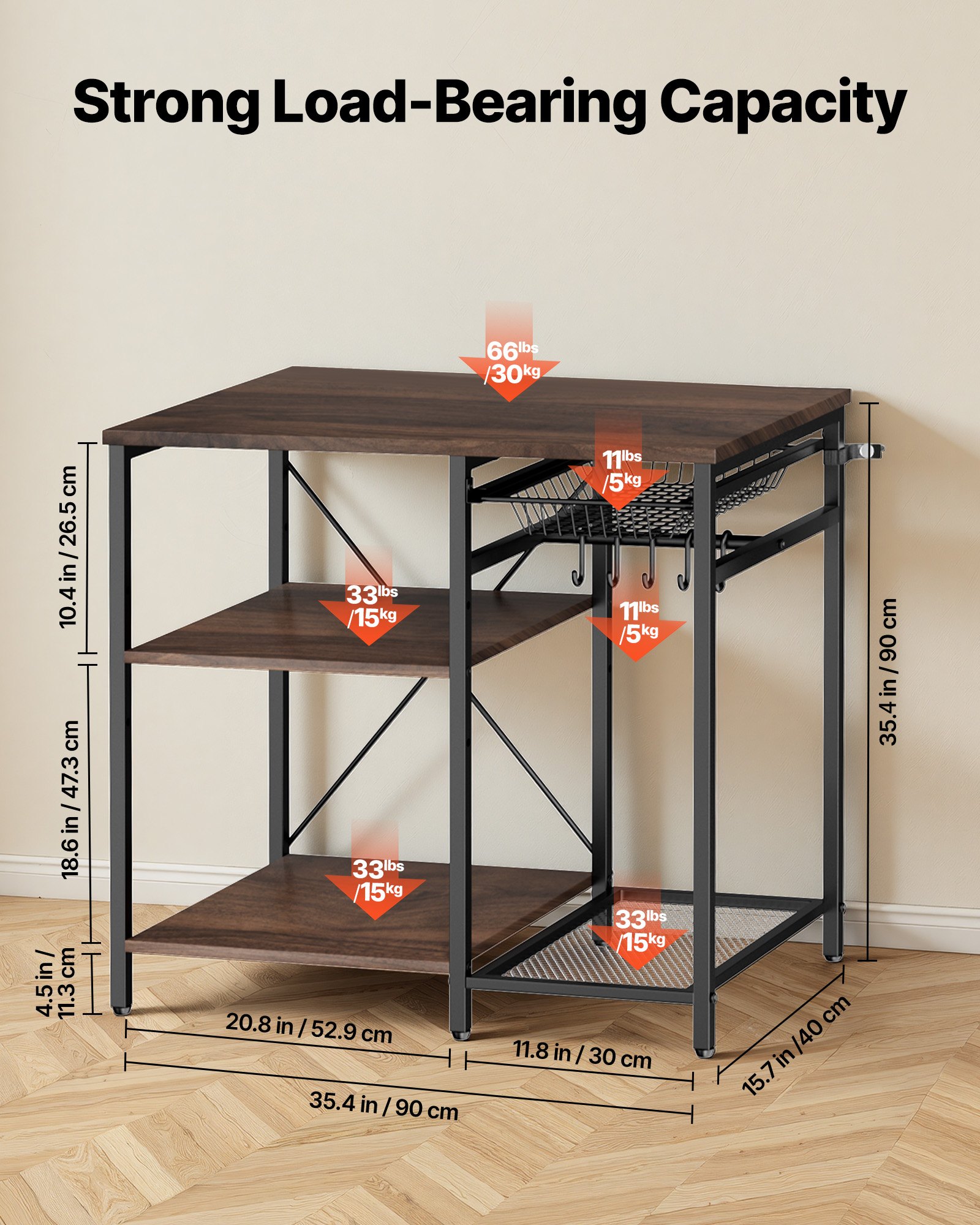 VEVOR Kitchen Bakers Rack, 900 mm Width Bakers Rack, Kitchen Stand with X-Shaped Support Bar, 5 S-Shaped Hooks, Multi-Layer Storage Shelf, Coffee Bar Stand for Dishes & Bowls, Spice Bottles