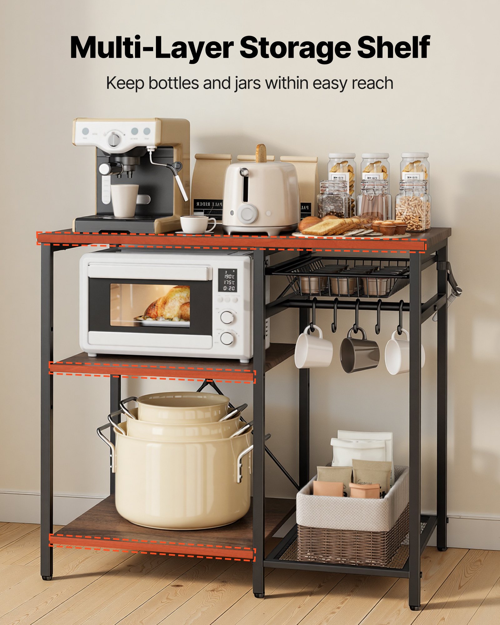 VEVOR Kitchen Bakers Rack, 900 mm Width Bakers Rack, Kitchen Stand with X-Shaped Support Bar, 5 S-Shaped Hooks, Multi-Layer Storage Shelf, Coffee Bar Stand for Dishes & Bowls, Spice Bottles