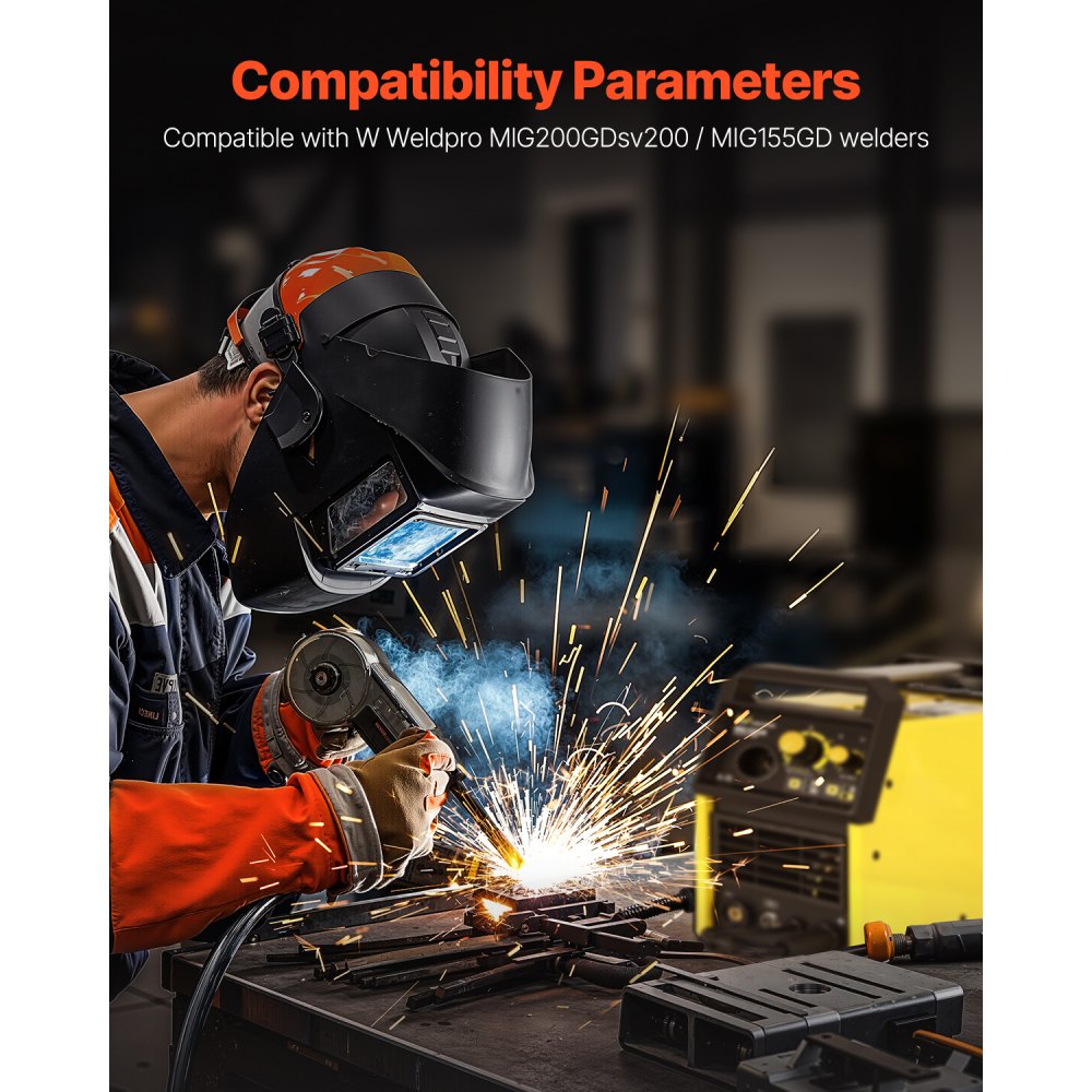 Uchwyt spawalniczy VEVOR 200A z kablem 3 m, kompatybilny ze spawarkami W Weldpro MLG200GDsv200 i MIG155GD, odpowiedni do drutów spawalniczych z rdzeniem topnikowym/lite/aluminiowych o średnicy 0,0762/0,0899 cm