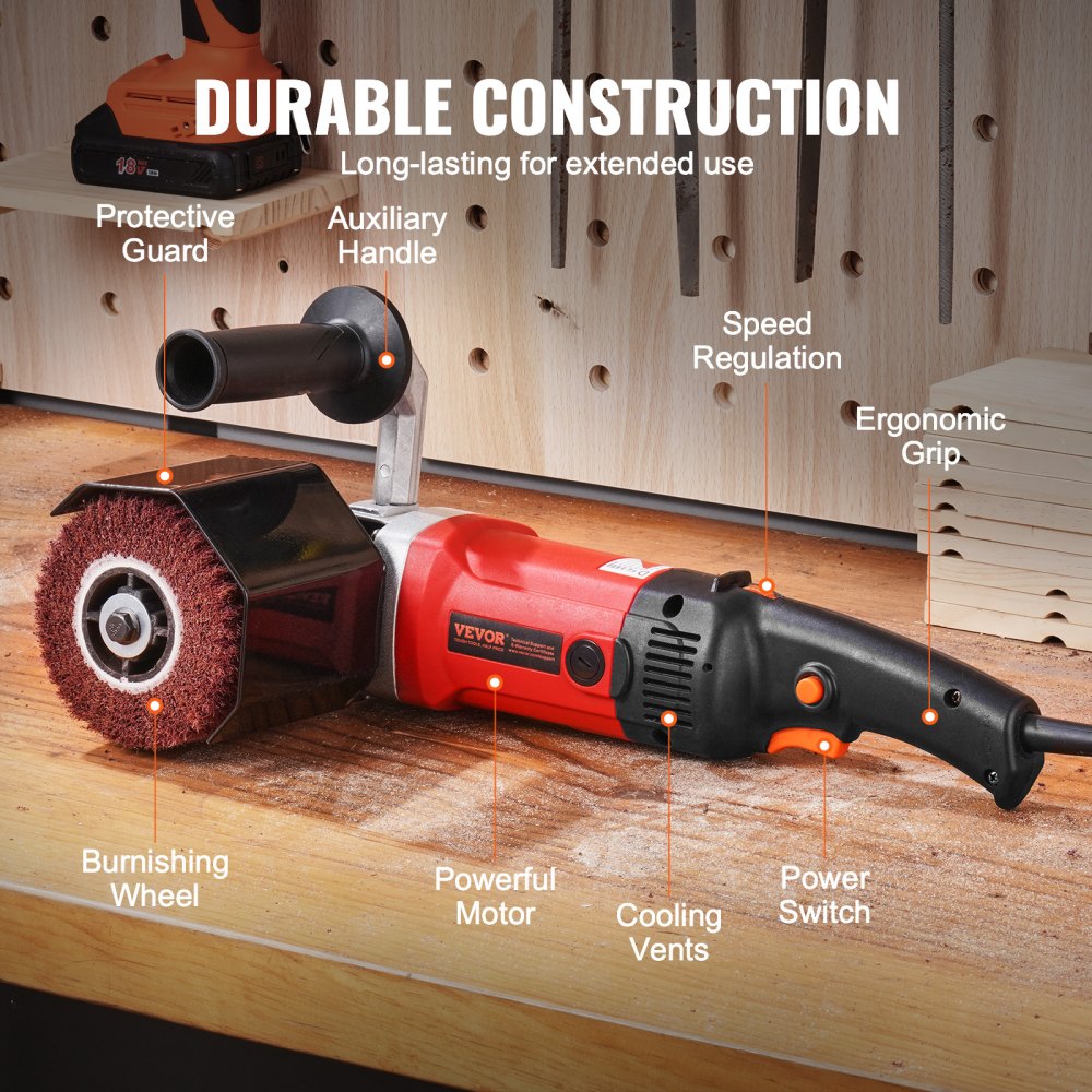 Polerka VEVOR, 1200 W, 6 regulowanych prędkości, narzędzie do wykańczania powierzchni, ręczna elektryczna polerka do metalu z 4 fibrowymi tarczami polerskimi do stali nierdzewnej i metali nieżelaznych