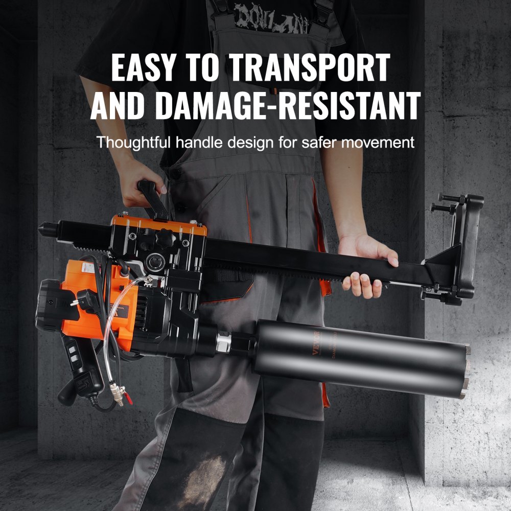 Wiertarka rdzeniowa VEVOR z diamentową wiertarką rdzeniową o średnicy wiercenia 2-25 cm ze stojakiem i wiertarką rdzeniową, 3500 W. Wytrzymała wiertarka rdzeniowa do betonu, do stosowania na mokro i na sucho w cegle betonowej.