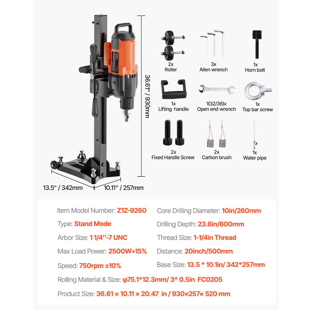 VEVOR Diamond Drilling System 2500 W Diamond Core Drilling Machine Core Drilling Device 0-750 rpm Core Drilling Machine, 26 cm Magnetic Drilling Machine Suitable for drilling reinforced concrete, marble, etc.