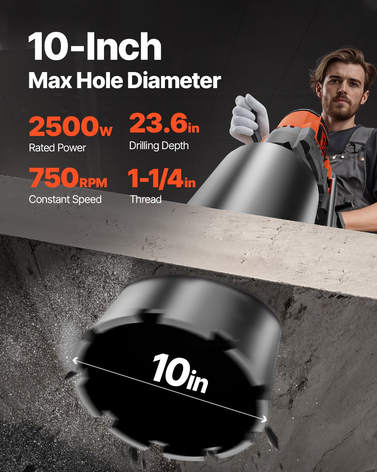 VEVOR Diamond Drilling System 2500 W Diamond Core Drilling Machine Core Drilling Device 0-750 rpm Core Drilling Machine, 26 cm Magnetic Drilling Machine Suitable for drilling reinforced concrete, marble, etc.