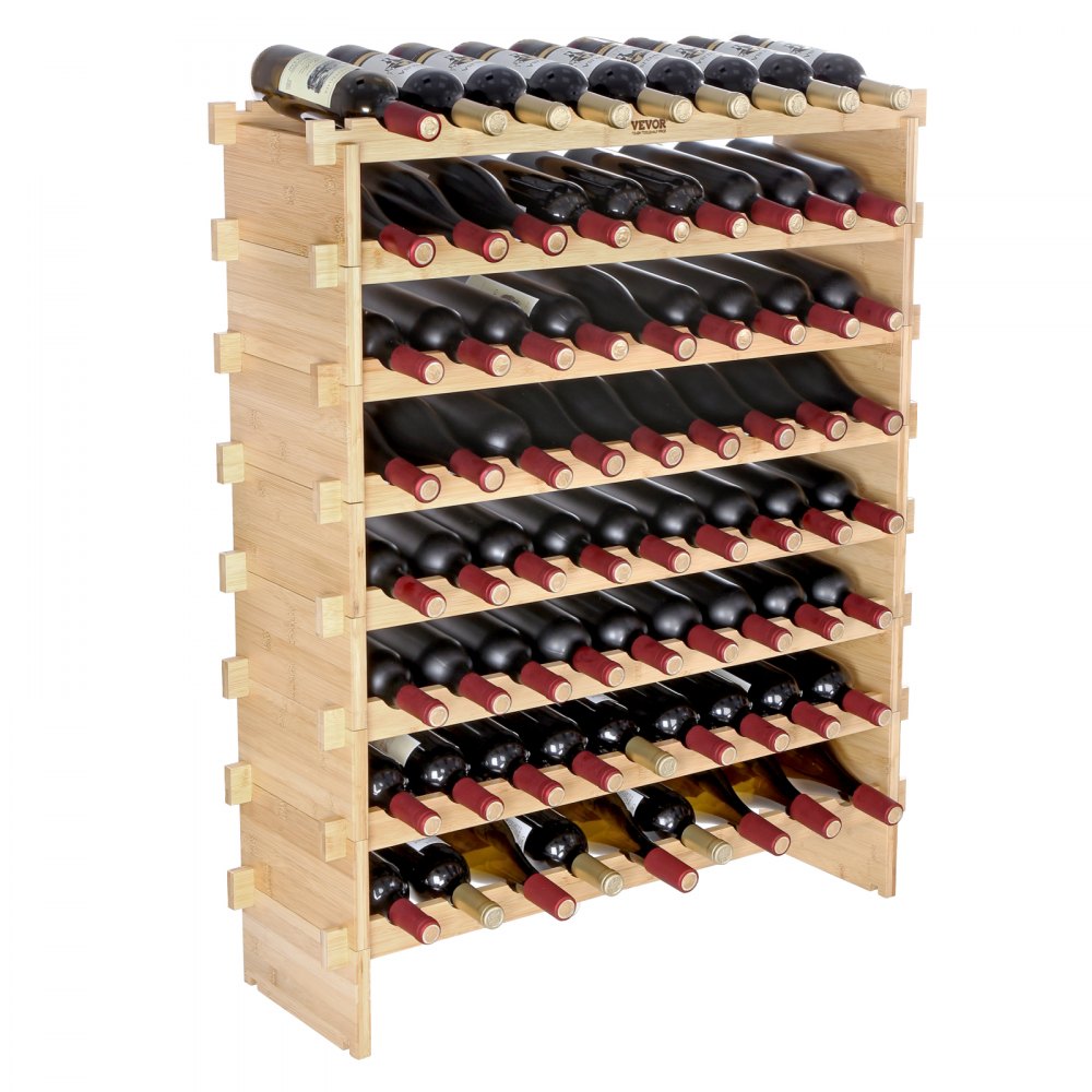 VEVOR Stojak na wino na 72 butelki, bambusowy stojak na butelki z 8 przegrodami, składany, zabytkowy metalowy stojak na wino do piwnicy, baru, pomieszczenia gospodarczego itp. Uchwyt na butelki, udźwig 80 kg