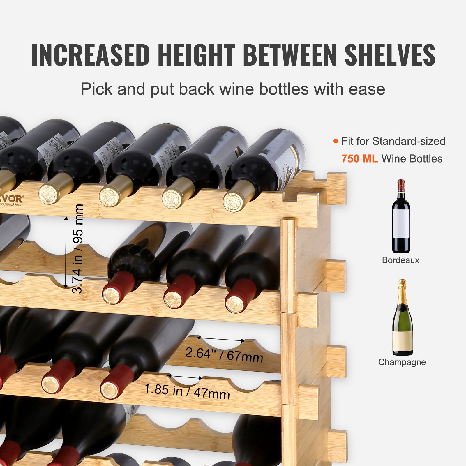 VEVOR Stojak na wino na 72 butelki, bambusowy stojak na butelki z 8 przegrodami, składany, zabytkowy metalowy stojak na wino do piwnicy, baru, pomieszczenia gospodarczego itp. Uchwyt na butelki, udźwig 80 kg