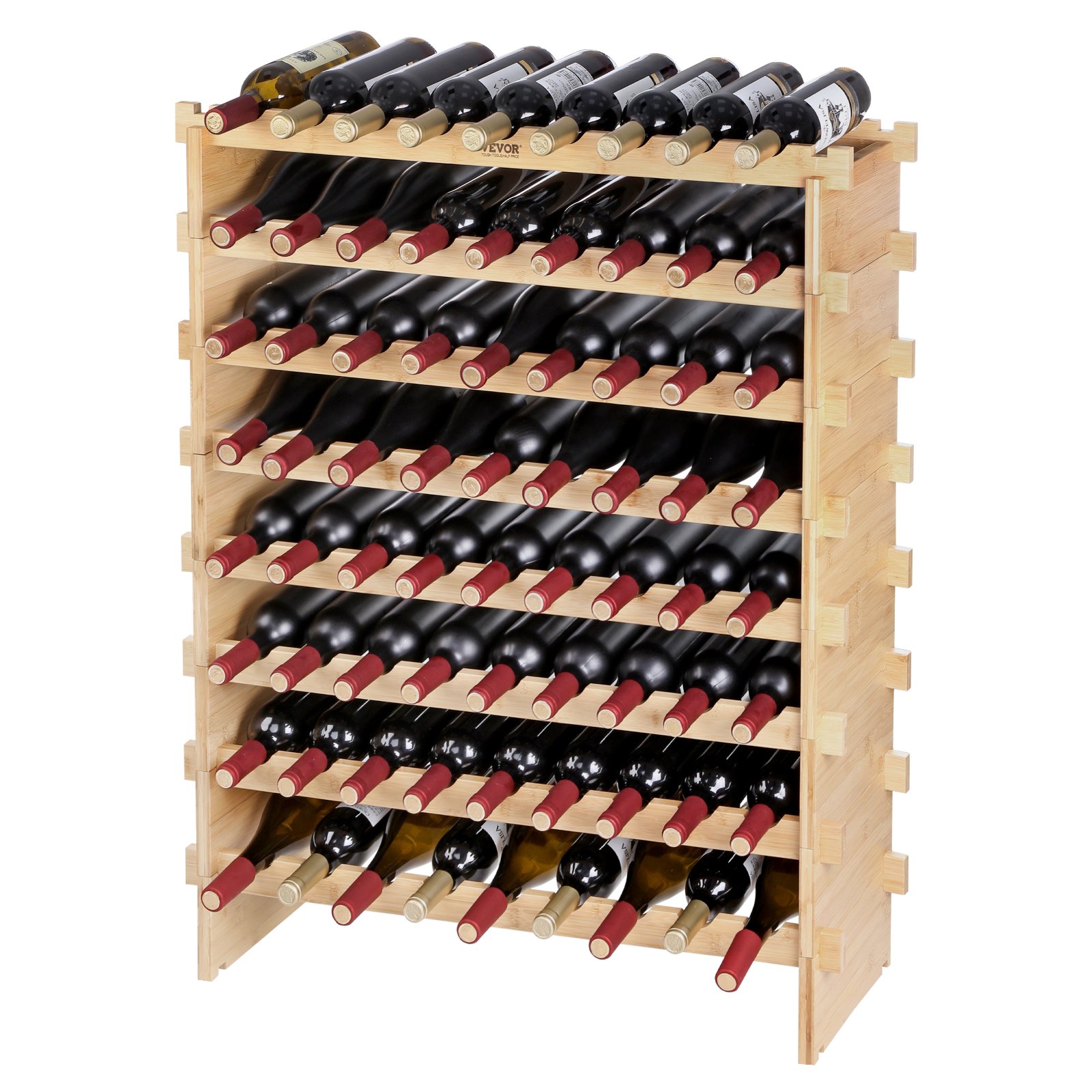 VEVOR Stojak na wino na 72 butelki, bambusowy stojak na butelki z 8 przegrodami, składany, zabytkowy metalowy stojak na wino do piwnicy, baru, pomieszczenia gospodarczego itp. Uchwyt na butelki, udźwig 80 kg