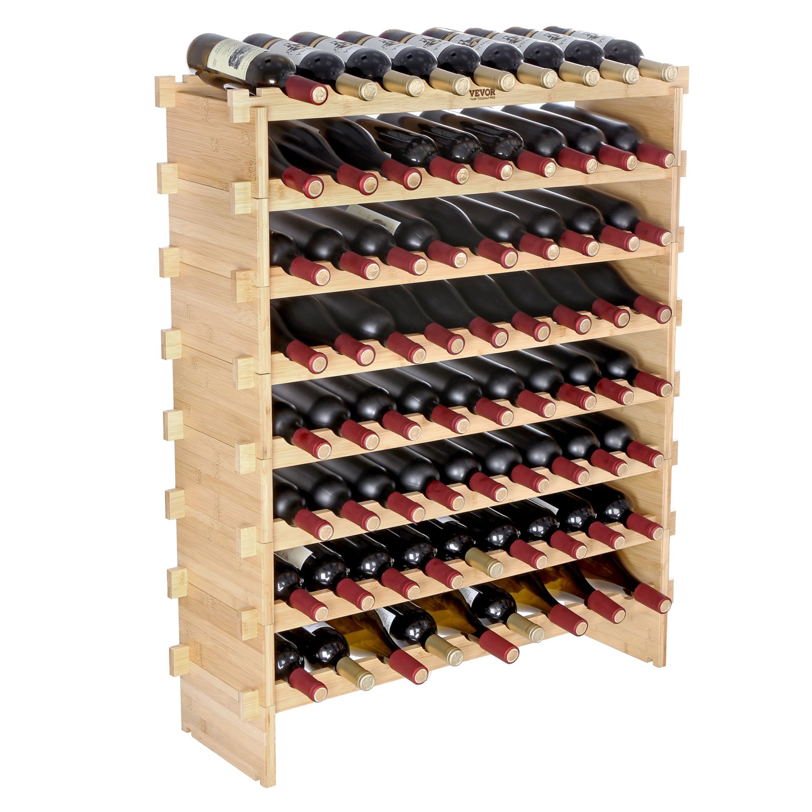 VEVOR Stojak na wino na 72 butelki, bambusowy stojak na butelki z 8 przegrodami, składany, zabytkowy metalowy stojak na wino do piwnicy, baru, pomieszczenia gospodarczego itp. Uchwyt na butelki, udźwig 80 kg