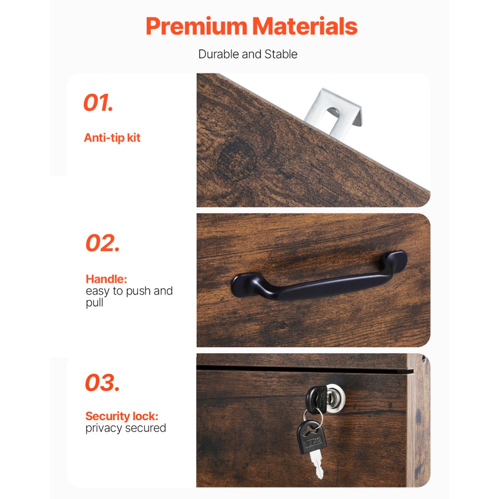 VEVOR filing cabinet with 3 drawers and lock, vertical wooden office cabinets for home office, storage cabinet/material cabinet with adjustable hanging rail, storage cabinet for A4 files