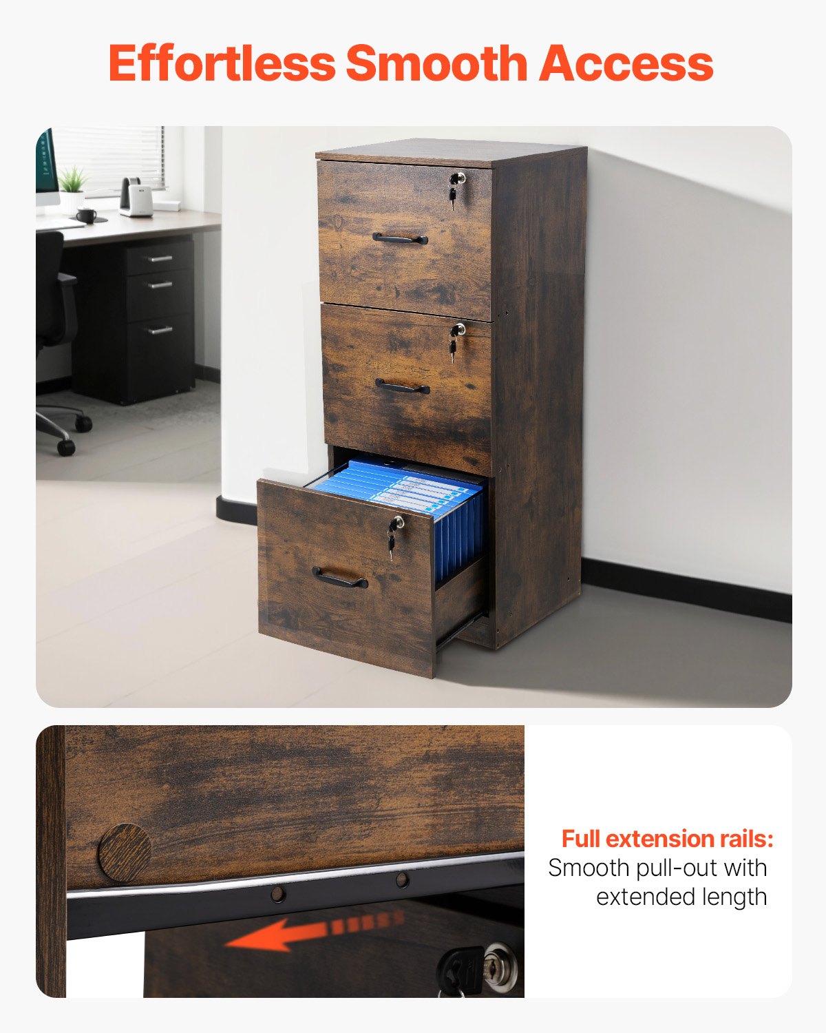 VEVOR filing cabinet with 3 drawers and lock, vertical wooden office cabinets for home office, storage cabinet/material cabinet with adjustable hanging rail, storage cabinet for A4 files