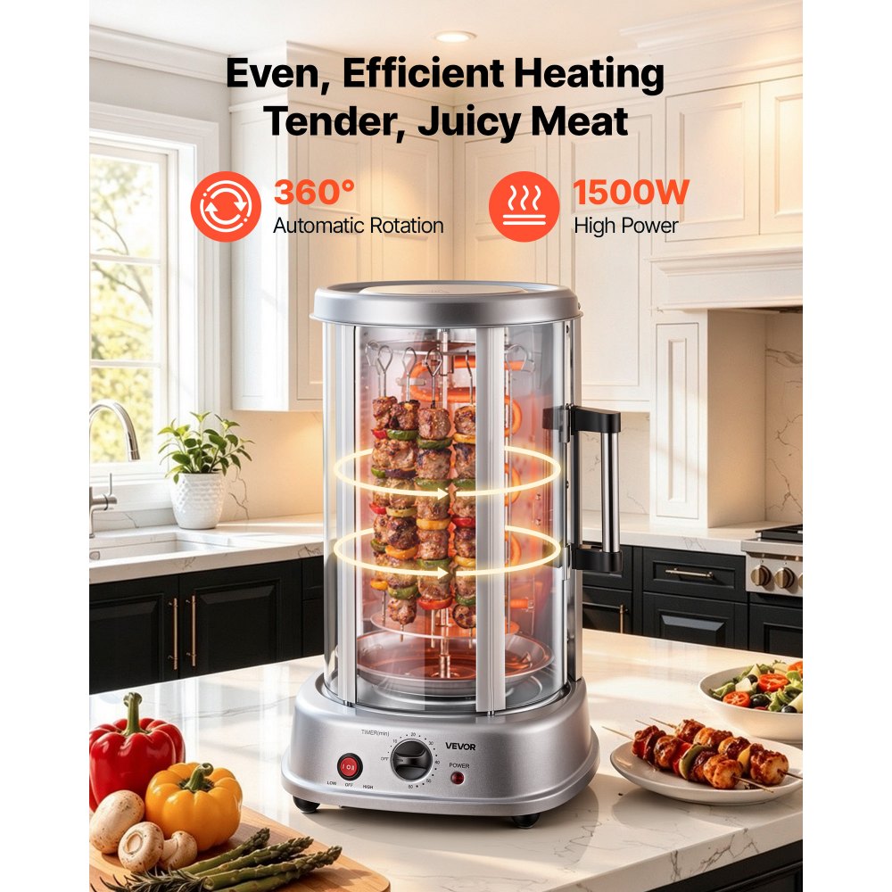 Grill pionowy VEVOR 11,5 l, 1500 W, grill gyros, kebab, shawarma, srebrny, do małych gospodarstw domowych, maksymalna temperatura 190°C, timer 0–60 minut, drzwi z bezpiecznego szkła, tacka ociekowa, obrotowe widelce i szpikulce