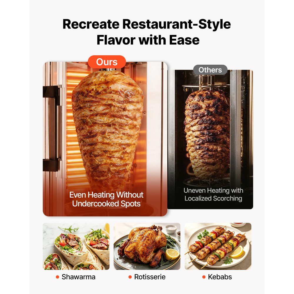 Grill pionowy VEVOR 11,5 l, 1500 W, grill gyros, kebab, shawarma, srebrny, do małych gospodarstw domowych, maksymalna temperatura 190°C, timer 0–60 minut, drzwi z bezpiecznego szkła, tacka ociekowa, obrotowe widelce i szpikulce