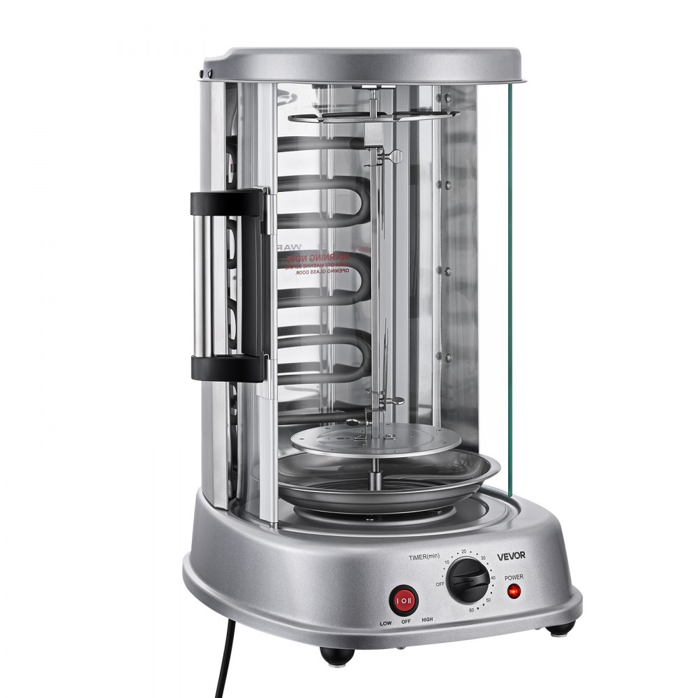 Grill pionowy VEVOR 11,5 l, 1500 W, grill gyros, kebab, shawarma, srebrny, do małych gospodarstw domowych, maksymalna temperatura 190°C, timer 0–60 minut, drzwi z bezpiecznego szkła, tacka ociekowa, obrotowe widelce i szpikulce