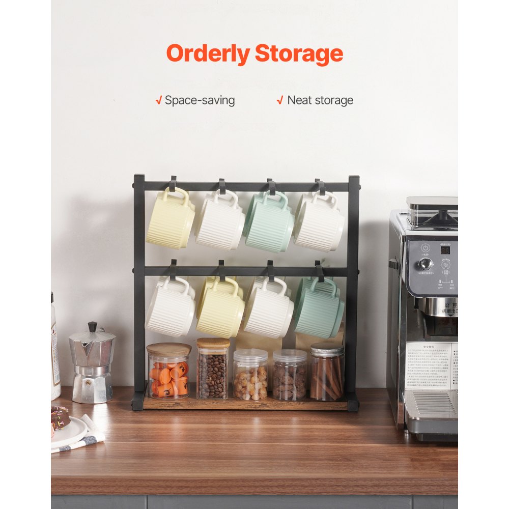 VEVOR Stojak na kubki do kawy z 16 haczykami i podstawą do przechowywania, 2-poziomowy stojak na kubki ze stali węglowej i drewna do domowego barku kawowego, do przechowywania i eksponowania (czarny)