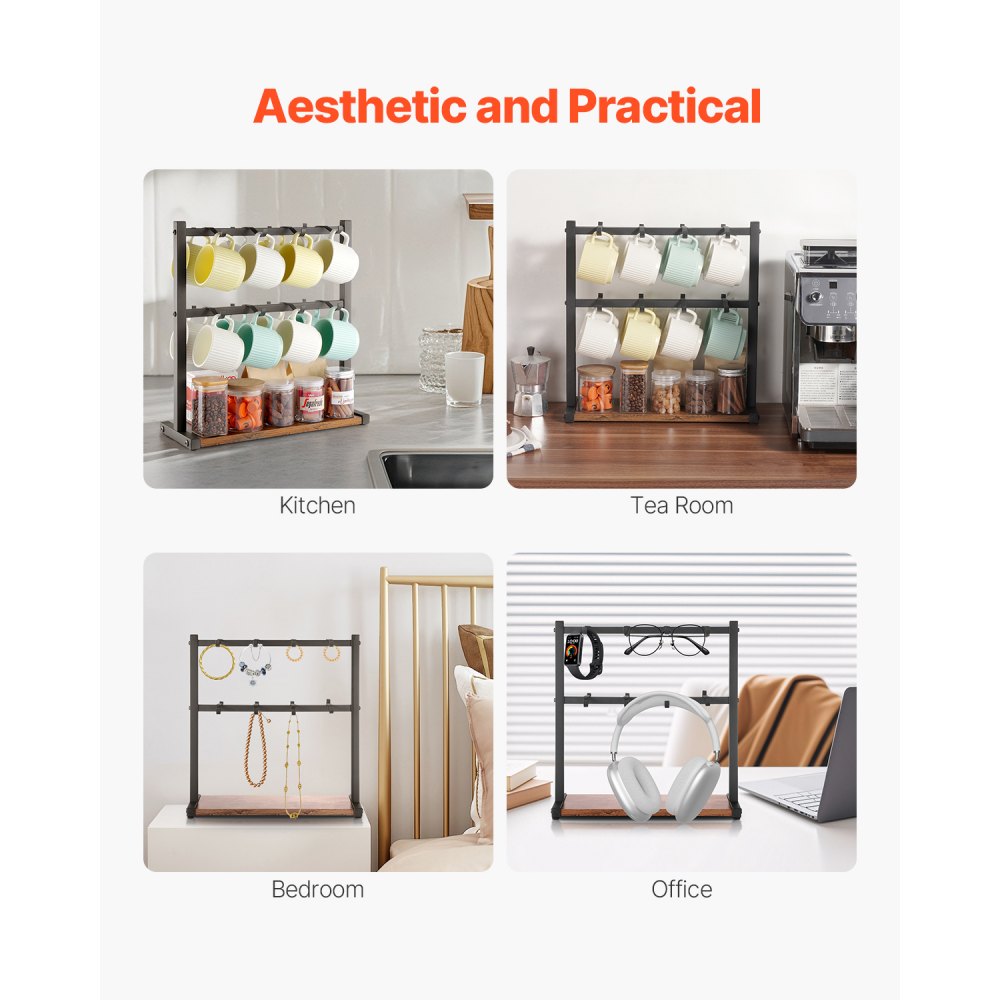 VEVOR Stojak na kubki do kawy z 16 haczykami i podstawą do przechowywania, 2-poziomowy stojak na kubki ze stali węglowej i drewna do domowego barku kawowego, do przechowywania i eksponowania (czarny)