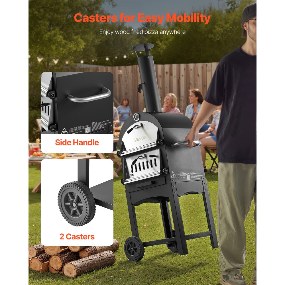 Piec do pizzy VEVOR 12-calowy piec na pellet, 2-poziomowy piec do pizzy opalany drewnem, zewnętrzny piec opalany drewnem z 2 zdejmowanymi kółkami, urządzenie do robienia pizzy o maksymalnej temperaturze 540°C do grillowania
