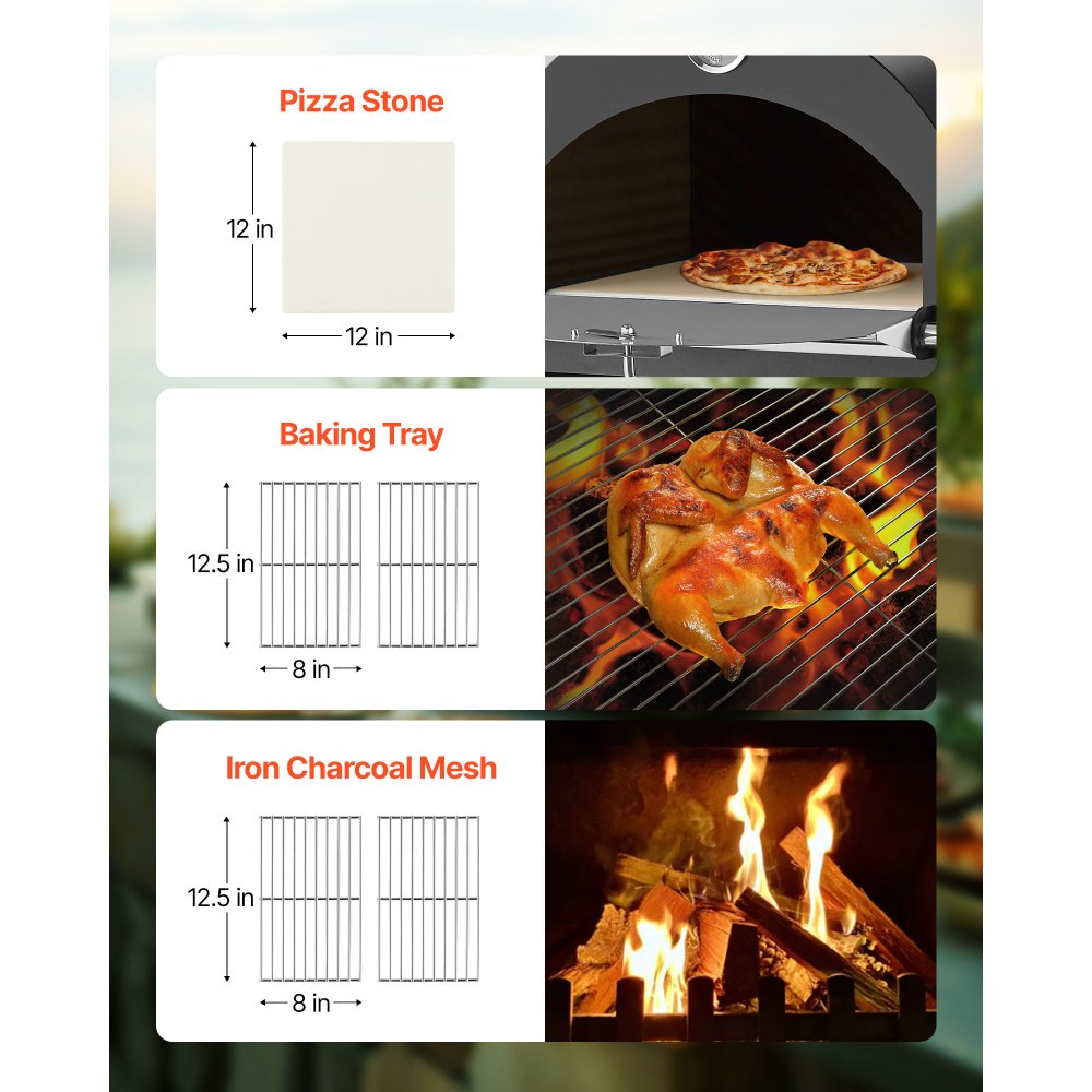 Piec do pizzy VEVOR 12-calowy piec na pellet, 2-poziomowy piec do pizzy opalany drewnem, zewnętrzny piec opalany drewnem z 2 zdejmowanymi kółkami, urządzenie do robienia pizzy o maksymalnej temperaturze 540°C do grillowania