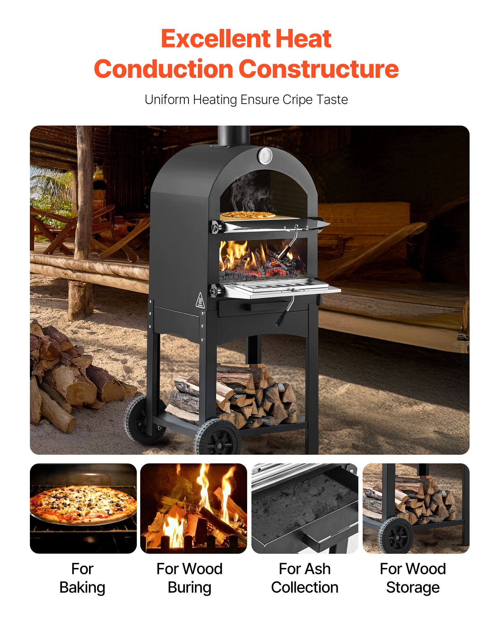 Piec do pizzy VEVOR 12-calowy piec na pellet, 2-poziomowy piec do pizzy opalany drewnem, zewnętrzny piec opalany drewnem z 2 zdejmowanymi kółkami, urządzenie do robienia pizzy o maksymalnej temperaturze 540°C do grillowania