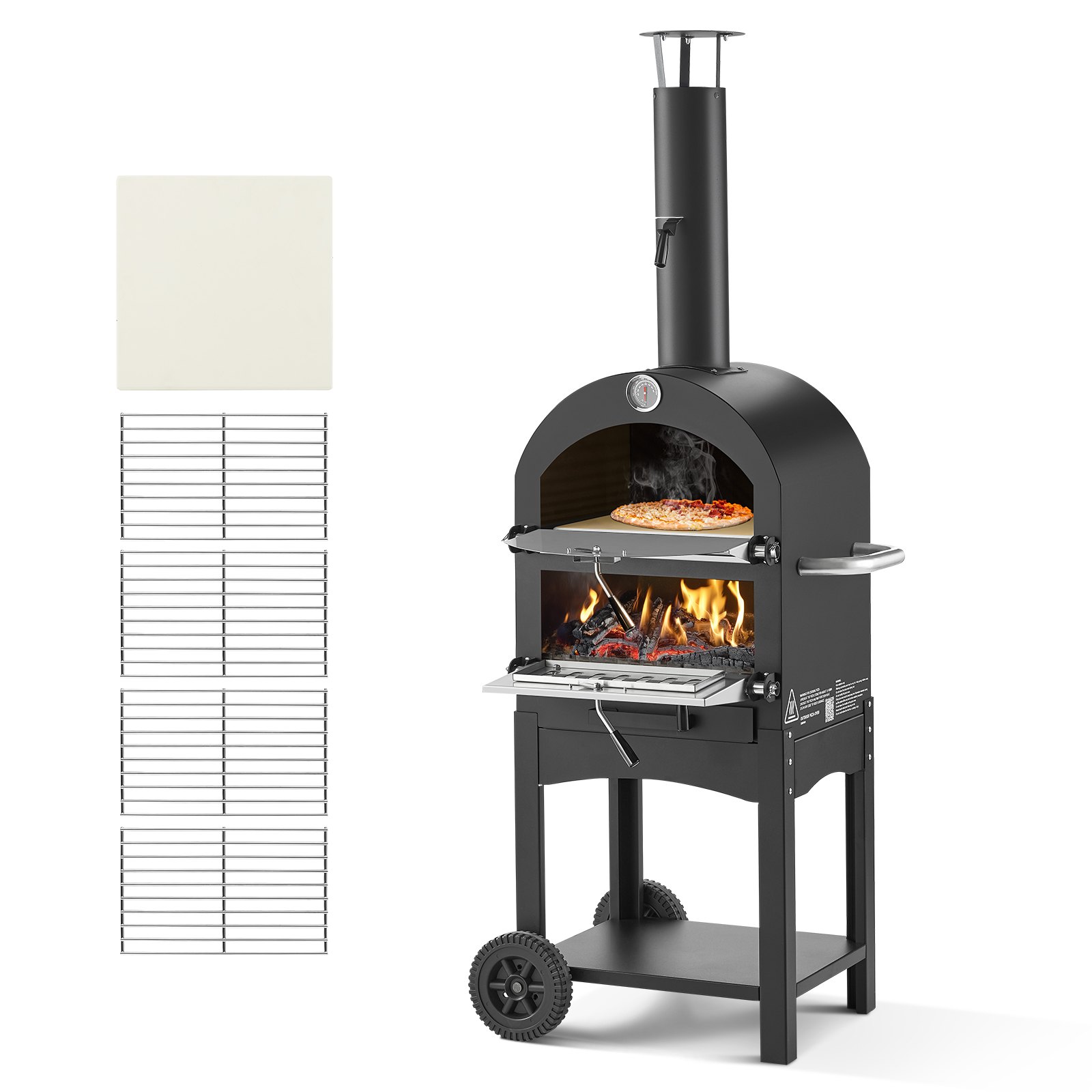 Piec do pizzy VEVOR 12-calowy piec na pellet, 2-poziomowy piec do pizzy opalany drewnem, zewnętrzny piec opalany drewnem z 2 zdejmowanymi kółkami, urządzenie do robienia pizzy o maksymalnej temperaturze 540°C do grillowania