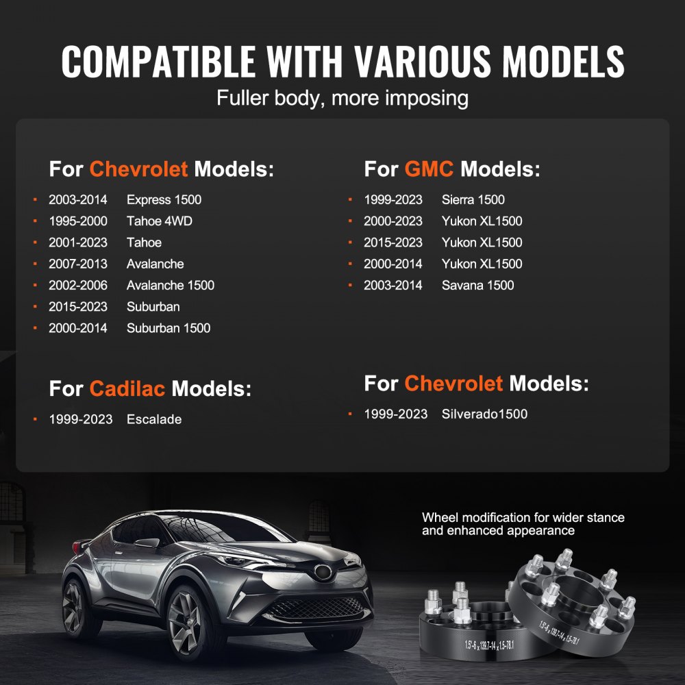 Dystanse do kół VEVOR, adaptery do kół 1,5 cala 6 x 5 cali, 6 szpilek do kół, kute, otwór 78,1 mm, dystanse do szpilek M14 x 1,5, pasujące do modeli Chevrolet i GMC Cadillac z lat 1995–2023