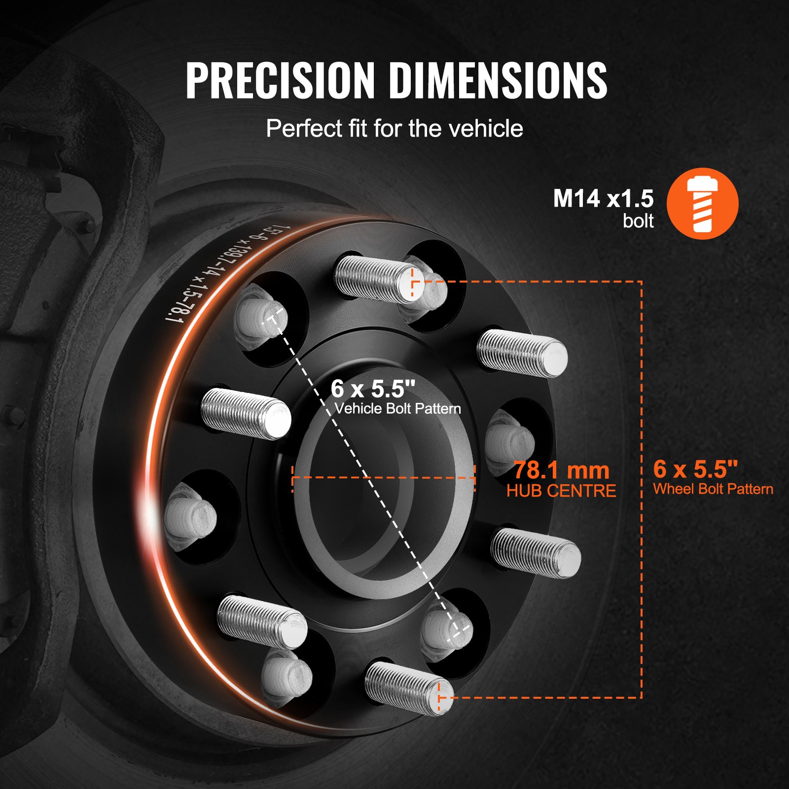 Dystanse do kół VEVOR, adaptery do kół 1,5 cala 6 x 5 cali, 6 szpilek do kół, kute, otwór 78,1 mm, dystanse do szpilek M14 x 1,5, pasujące do modeli Chevrolet i GMC Cadillac z lat 1995–2023