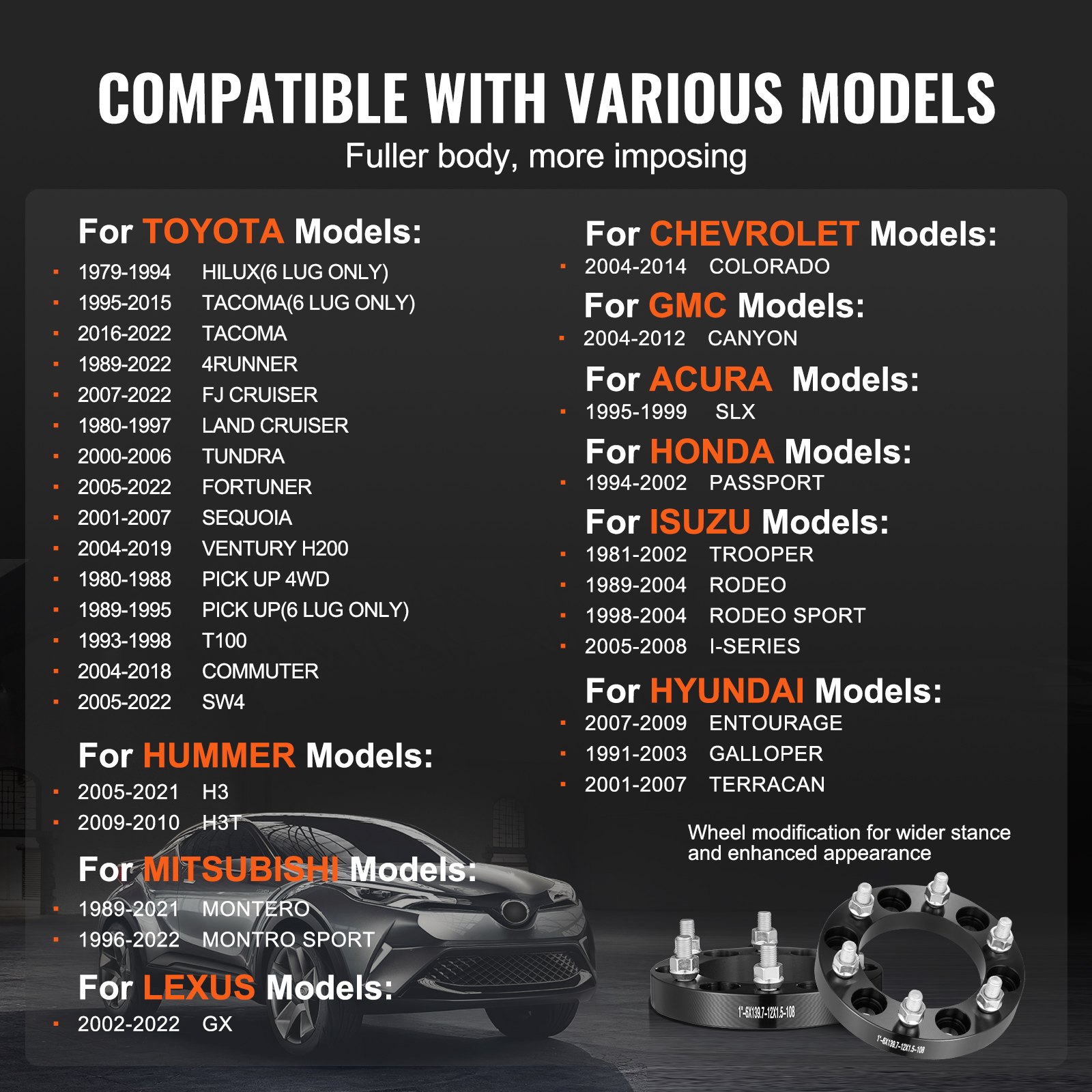 Dystanse do kół VEVOR, adaptery do kół 1 cal 6 x 5,5 cala, 6 szpilek do kół, otwór 108 mm, dystanse do szpilek M12 x 1,5, pasujące do modeli Toyota, Hummer, Lexus, Chevrolet, Honda z lat 79–22