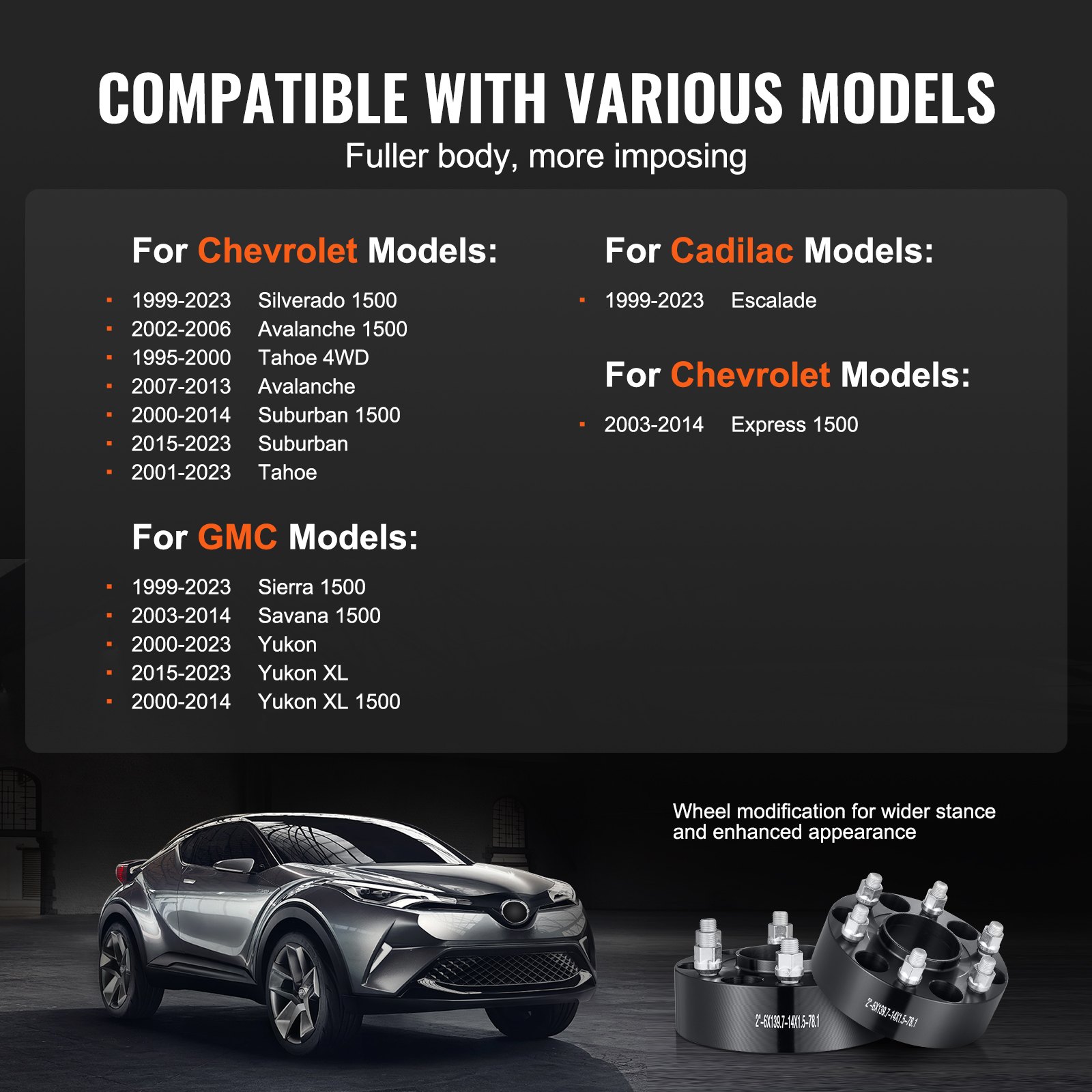 Dystanse do kół VEVOR, adaptery do kół 2 cale 6 x 5,5 cala, 6 szpilek, kute, otwór 78,1 mm, dystanse do szpilek M14 x 1,5, pasujące do modeli Chevrolet, GMC i Cadillac z lat 84-18