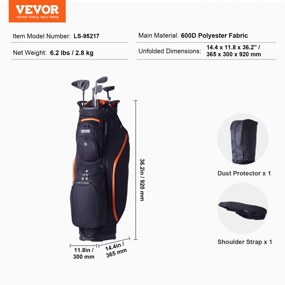 Torba golfowa VEVOR z 14-stopniowym organizerem u góry, 36 cali, 13 kieszeni, torba premium, wytrzymała torba golfowa z uchwytami, osłoną przeciwkurzową i odpinanymi paskami dla mężczyzn i kobiet, w kolorze czarnym i pomarańczowym