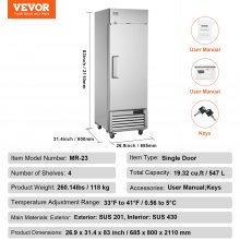 Lodówka komercyjna VEVOR 570 L, lodówka jednodrzwiowa, lodówka ze stali nierdzewnej z automatycznym odszranianiem, 3 półkami, regulacją temperatury od -2 ~ + 8 °C i 4 kołami