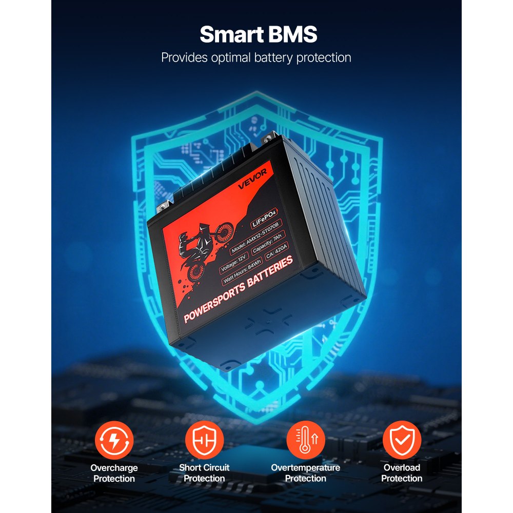 Akumulator motocyklowy VEVOR, 12 V, 7 Ah, litowo-żelazowo-pozycyjny, wstępnie ładowany, do pojazdów sportowych, bezobsługowy i wydajny, kompatybilny z quadami, motocyklami, skuterami wodnymi, skuterami, pojazdami UTV i innymi