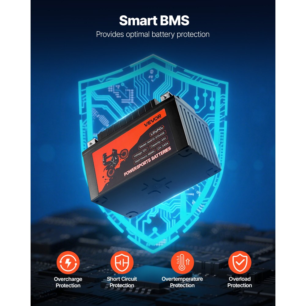 Akumulator motocyklowy VEVOR, 12 V 4 Ah, litowo-żelazowo-fosforanowy, wstępnie naładowany, do sportów motorowych, bezobsługowy i wydajny, kompatybilny z quadami, motocyklami, skuterami wodnymi, skuterami, pojazdami UTV i innymi