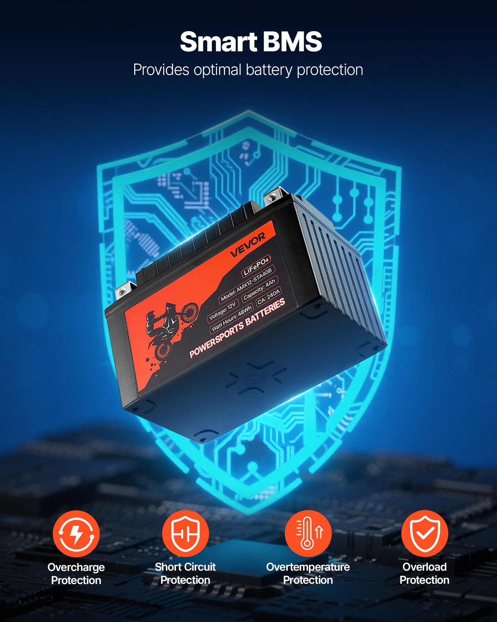 Akumulator motocyklowy VEVOR, 12 V 4 Ah, litowo-żelazowo-fosforanowy, wstępnie naładowany, do sportów motorowych, bezobsługowy i wydajny, kompatybilny z quadami, motocyklami, skuterami wodnymi, skuterami, pojazdami UTV i innymi