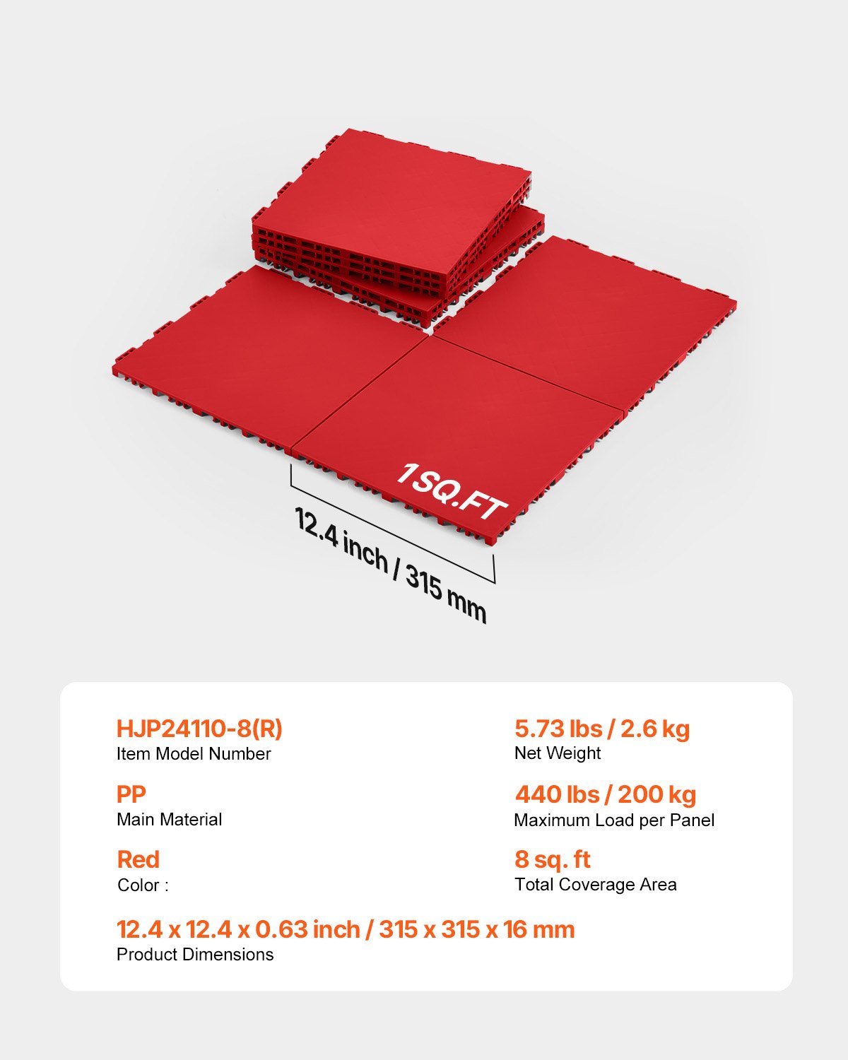 VEVOR Tiles for Hockey Floor Mats, 315 x 315 x 16 mm, 8 Interlocking Pieces, Training Surface, Dance Floor Tiles, Hockey Training Equipment Board (Red, 8 Square Feet/Box)