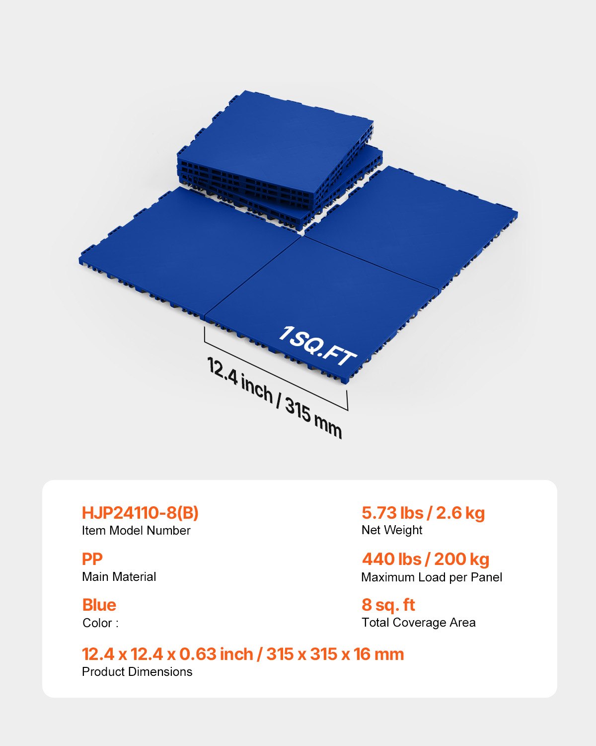 VEVOR Hockey Flooring, 315 x 315 x 16 mm, wielofunkcyjne płytki podłogowe z polipropylenu, 8 szt., płytki do parkietu tanecznego, tablica treningowa do hokeja, niebieskie, 0,7 m²/karton