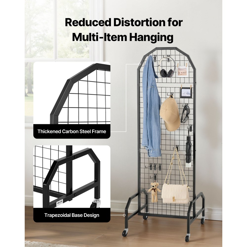 VEVOR 2 Packs Grid Wall Panels, 600 x 1640mm Wire Grid Panels Display Rack, Movable Art Display Shelf with Wheels and 20 Hooks, Black Carbon Steel Gridwall for Craft Show, Decor, Storage, Notice Board