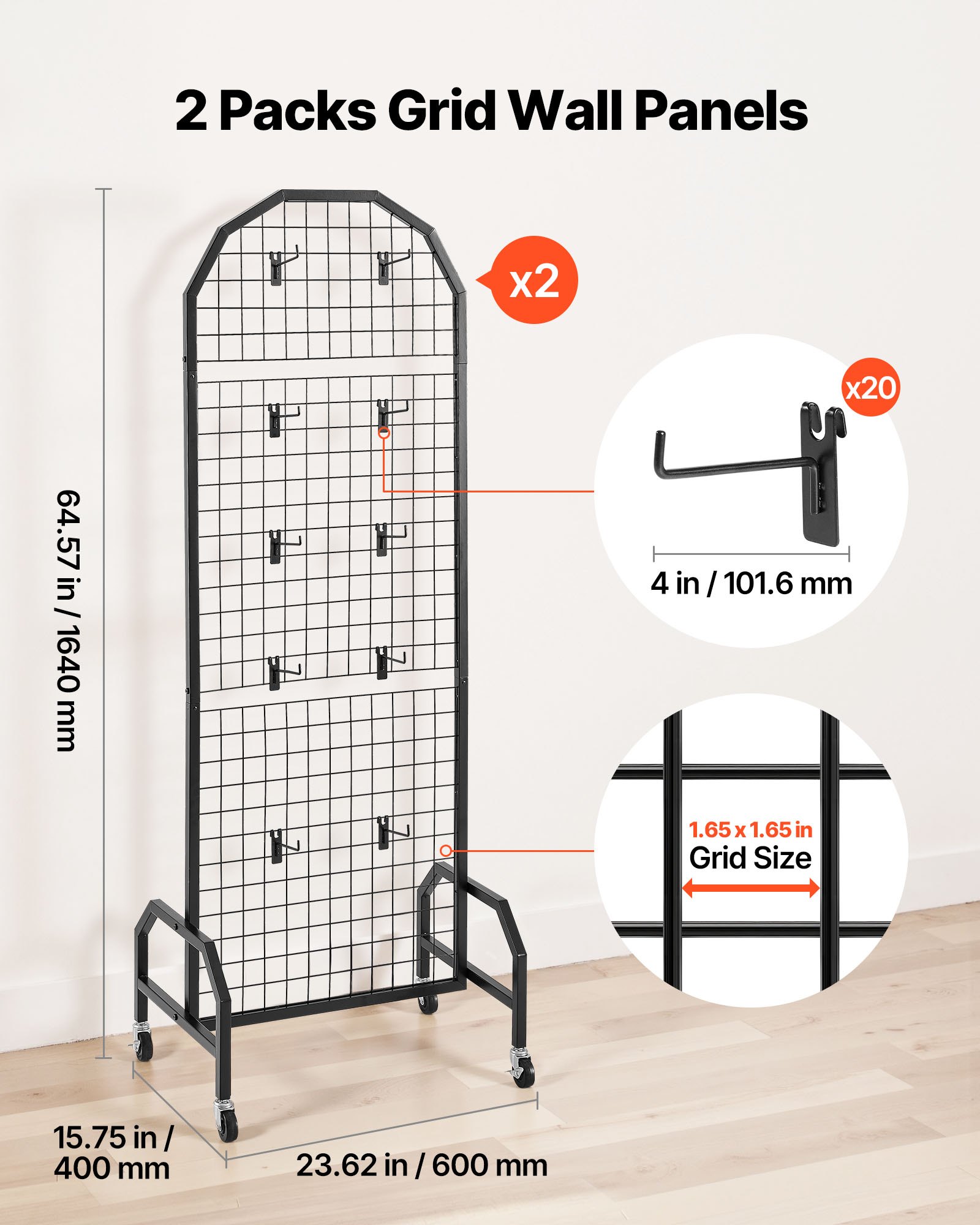 VEVOR 2 Packs Grid Wall Panels, 600 x 1640mm Wire Grid Panels Display Rack, Movable Art Display Shelf with Wheels and 20 Hooks, Black Carbon Steel Gridwall for Craft Show, Decor, Storage, Notice Board