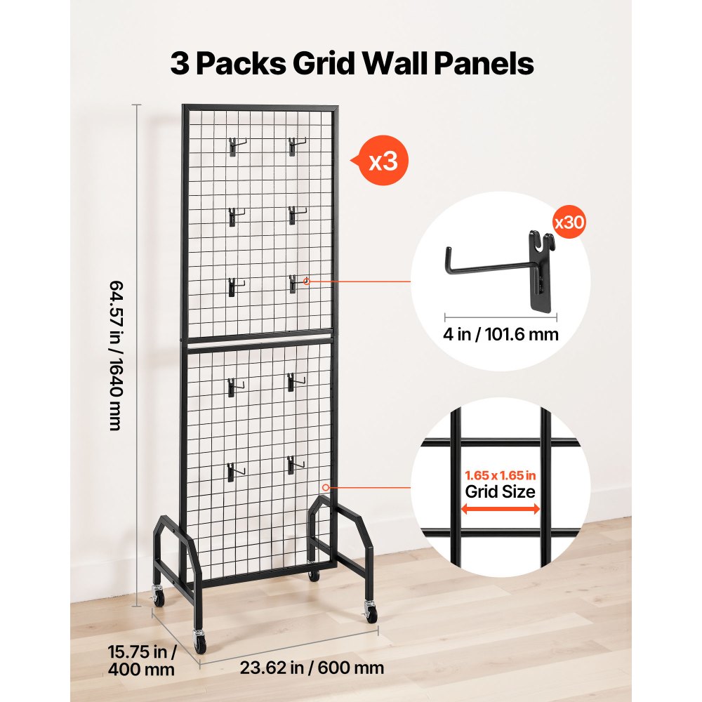 Panele ścienne VEVOR Grid 60 x 164 cm, 3 szt., stojak wystawowy z 30 haczykami, półki wystawowe ze stali węglowej, półka wystawowa do przechowywania dekoracji, kolor czarny