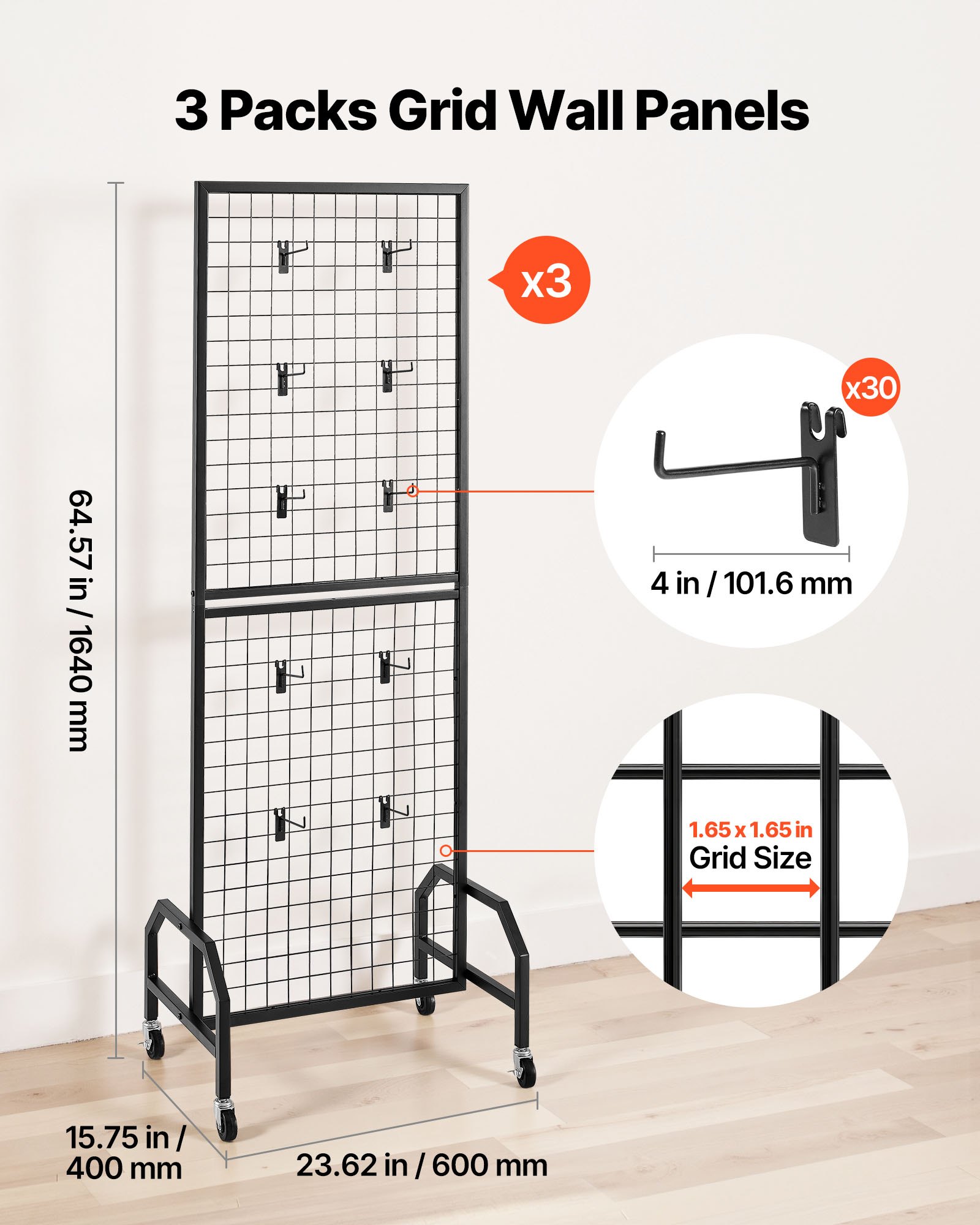 Panele ścienne VEVOR Grid 60 x 164 cm, 3 szt., stojak wystawowy z 30 haczykami, półki wystawowe ze stali węglowej, półka wystawowa do przechowywania dekoracji, kolor czarny