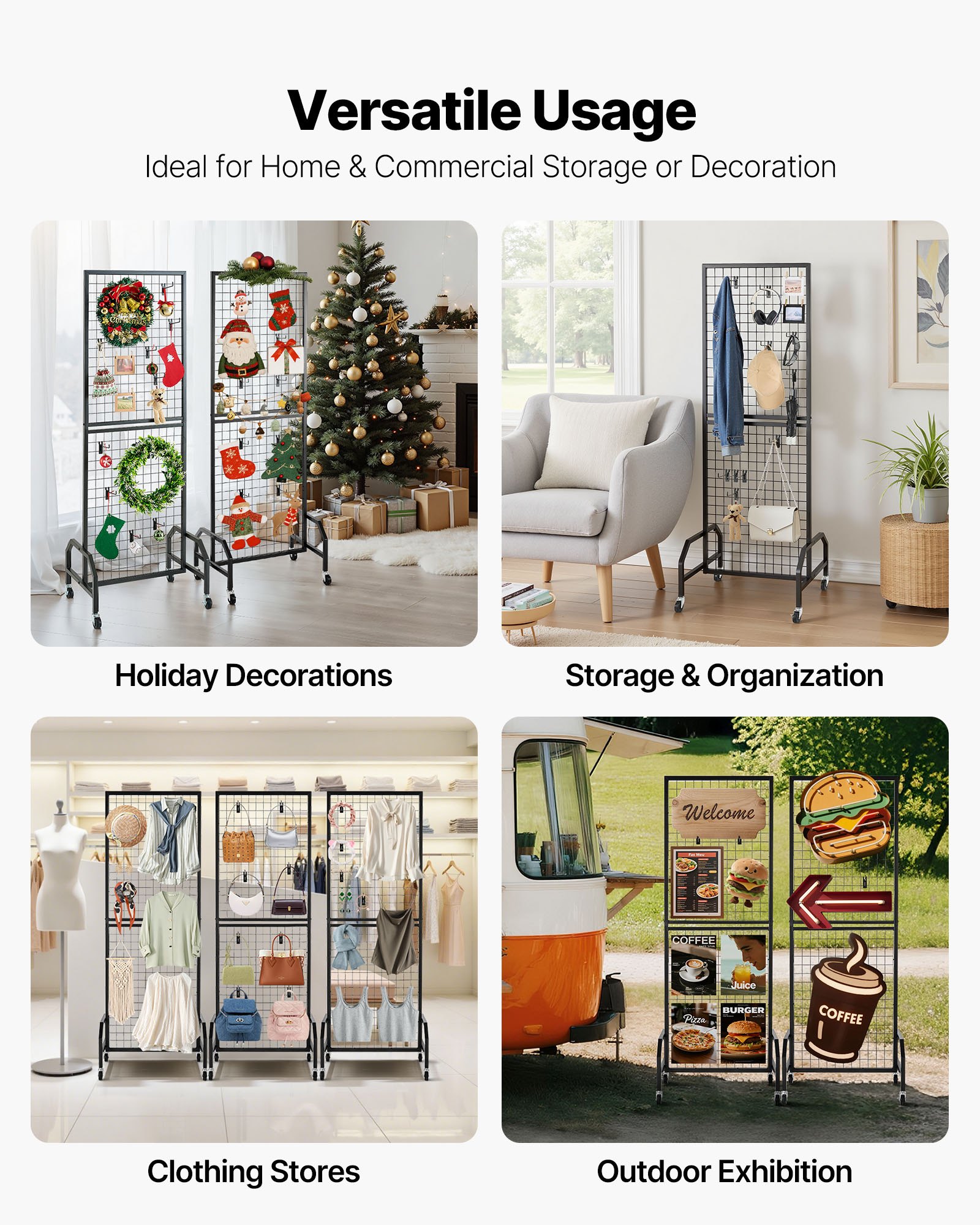 Panele ścienne VEVOR Grid 60 x 164 cm, 3 szt., stojak wystawowy z 30 haczykami, półki wystawowe ze stali węglowej, półka wystawowa do przechowywania dekoracji, kolor czarny