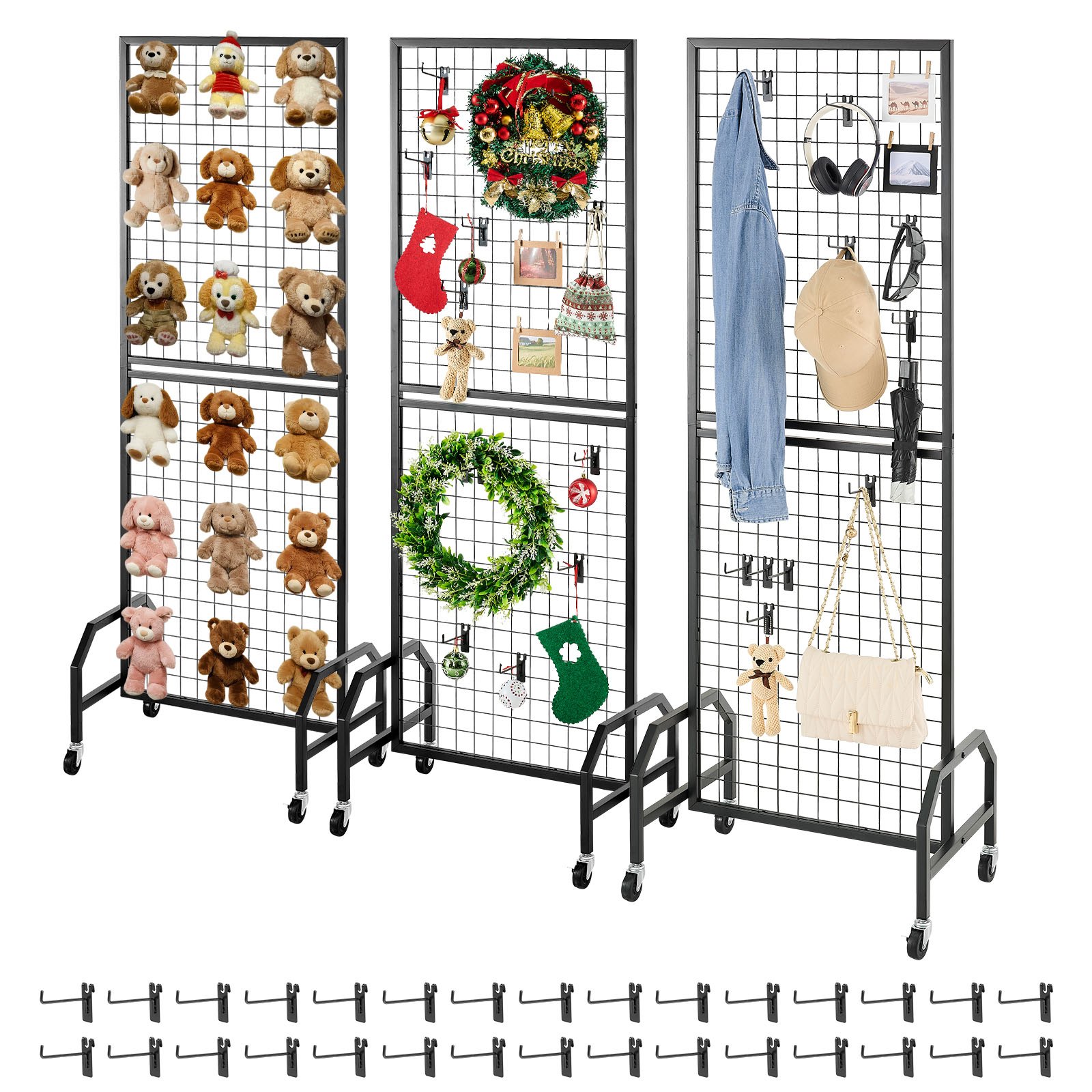 Panele ścienne VEVOR Grid 60 x 164 cm, 3 szt., stojak wystawowy z 30 haczykami, półki wystawowe ze stali węglowej, półka wystawowa do przechowywania dekoracji, kolor czarny