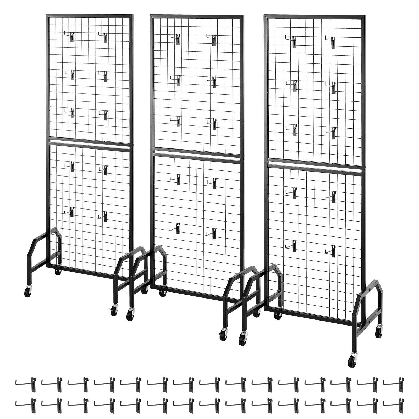 Panele ścienne VEVOR Grid 60 x 164 cm, 3 szt., stojak wystawowy z 30 haczykami, półki wystawowe ze stali węglowej, półka wystawowa do przechowywania dekoracji, kolor czarny